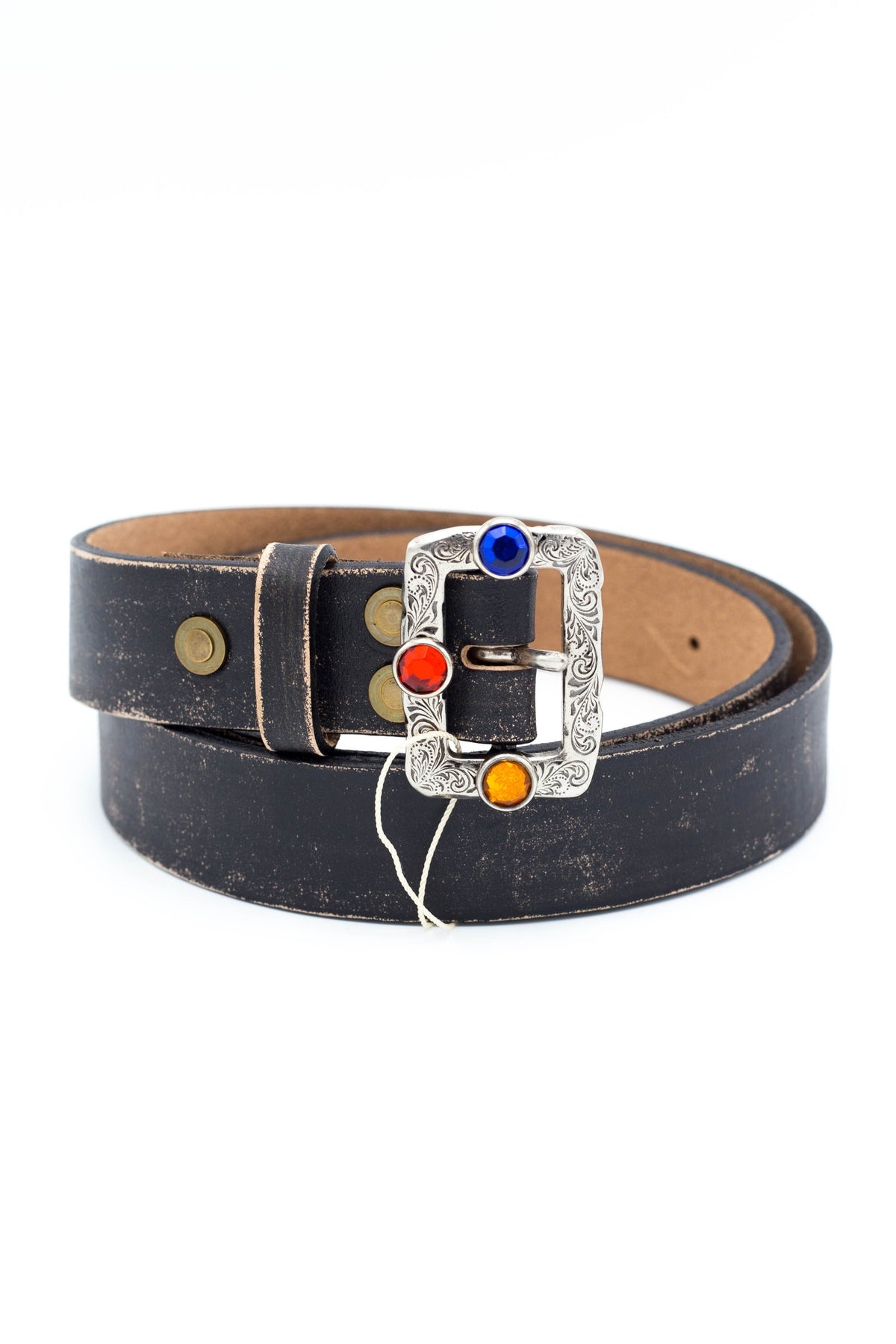 Oil Leather Studs DISCO Buckle Belt - Brown - 1