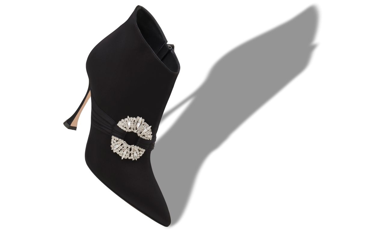 Black Satin Embellished Buckle Ankle Boots - 2