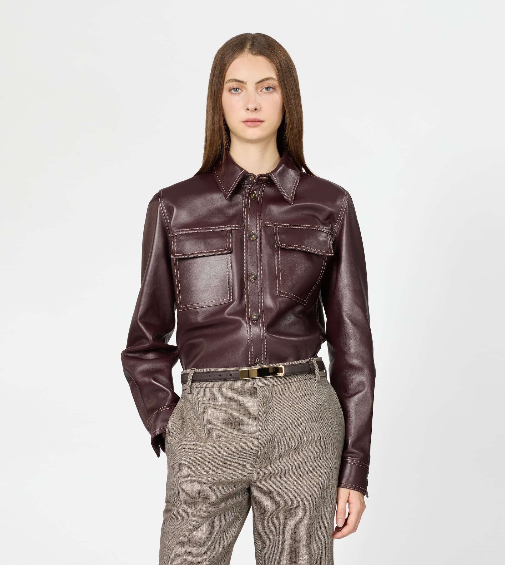 SHIRT IN LEATHER - BURGUNDY - 3