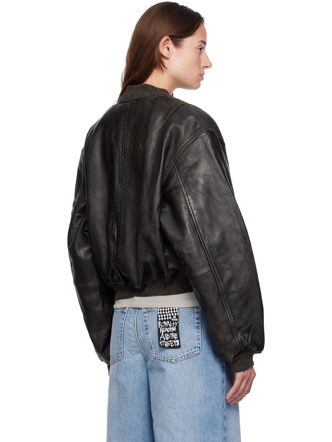 Black Alpha Crop Leather Bomber Jacket - 3
