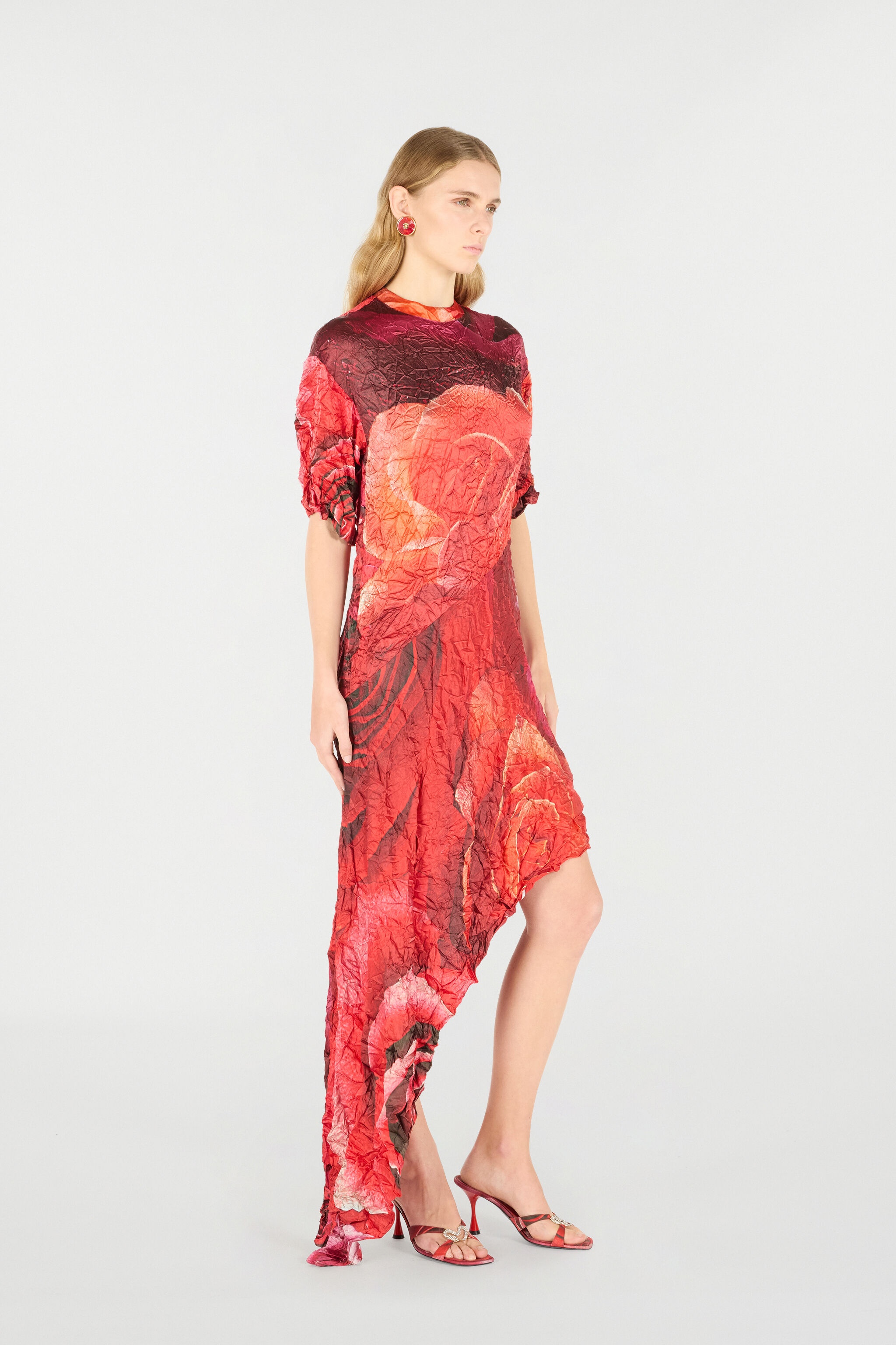 Crinkled Asymmetric Dress With Rose Print - 3