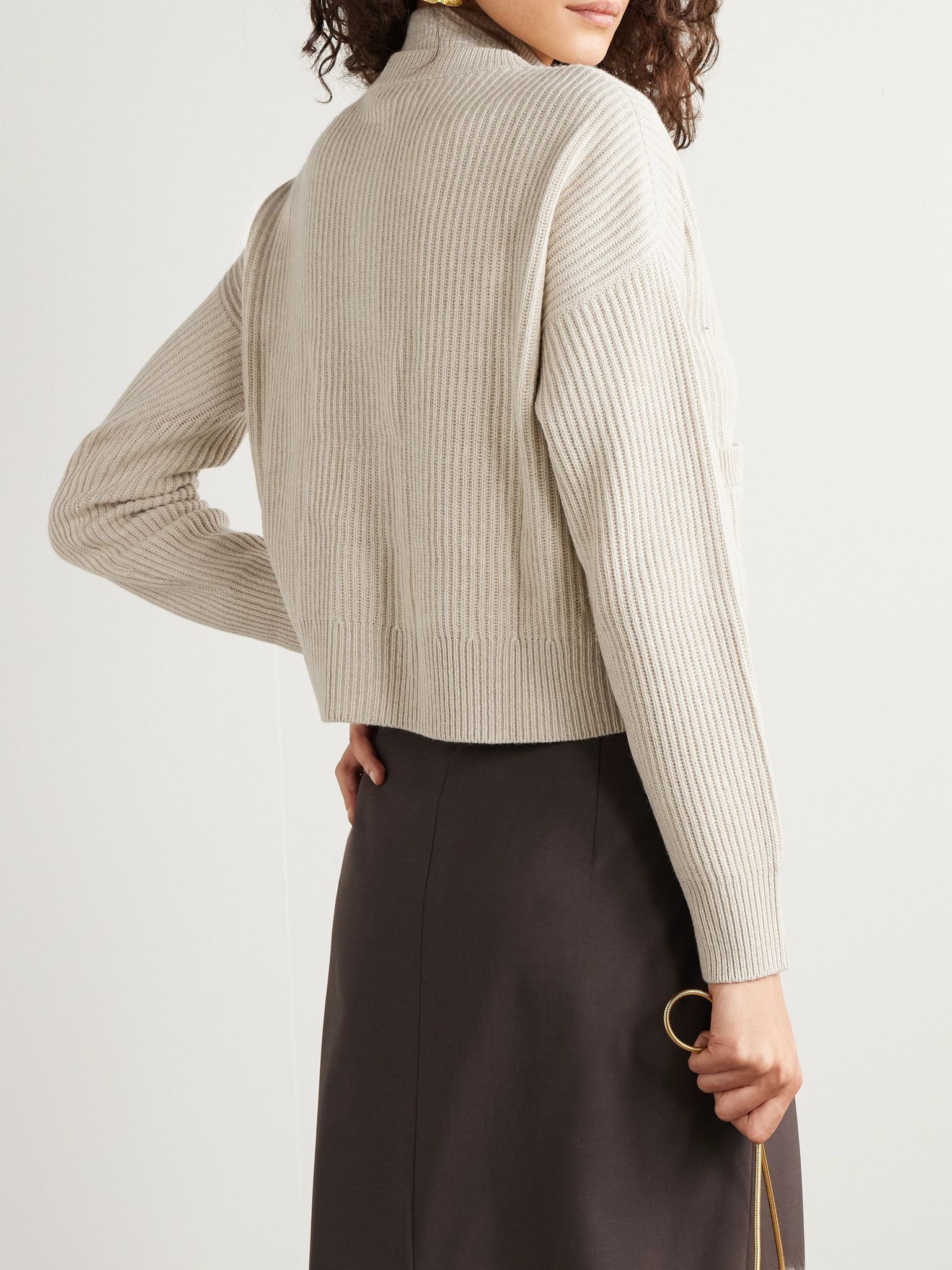 Ribbed wool, cashmere and silk-blend cardigan Beige - 3
