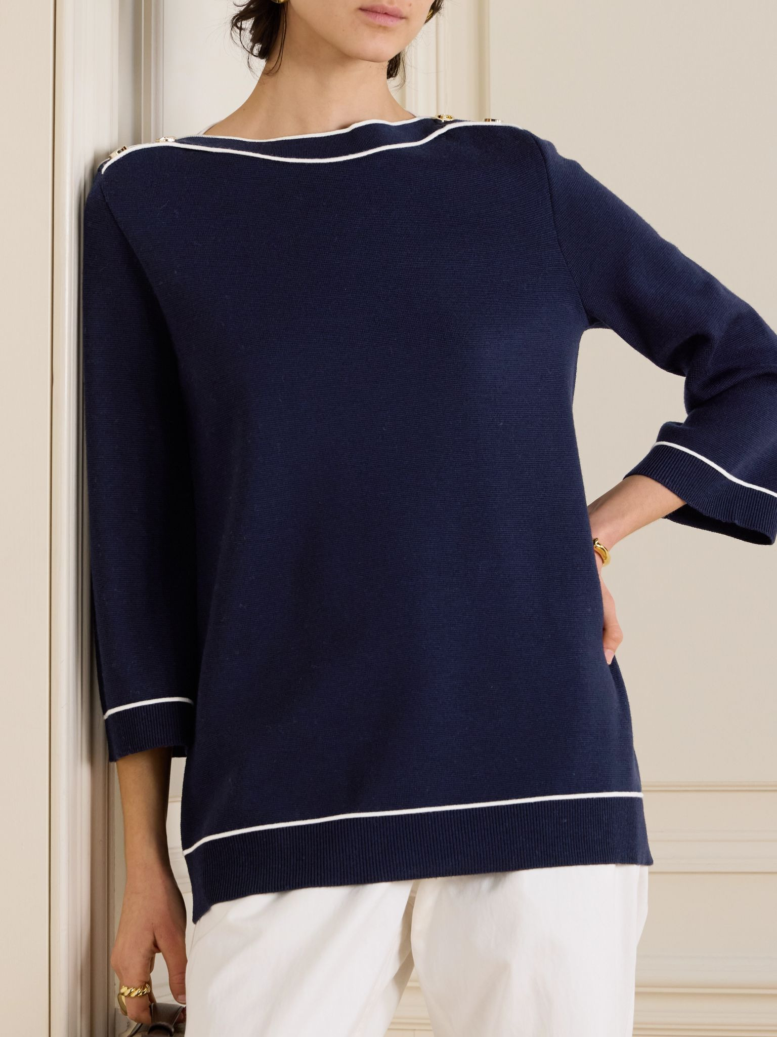 Piped wool sweater Navy - 3