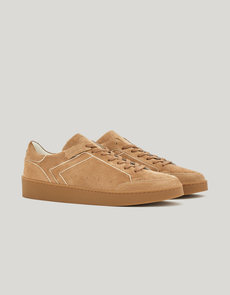CANALI NUVOLA HAZELNUT SUEDE SNEAKERS WITH IVORY PIPING 1