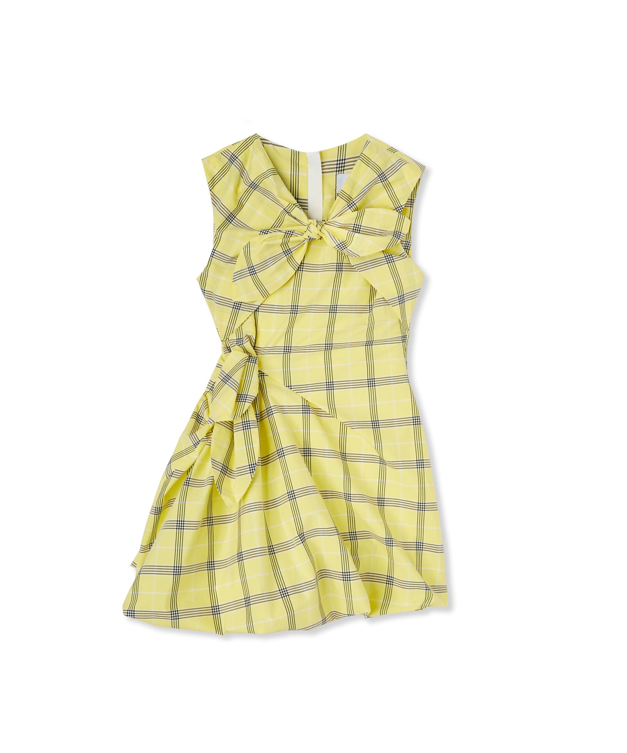 Poplin check short draped dress with bows - 1