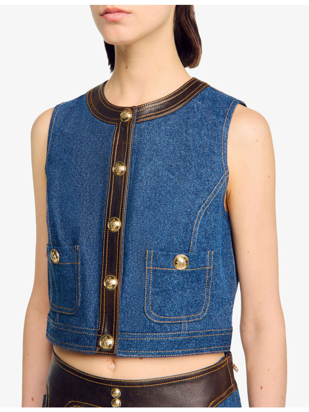 Leather-Trim Button-Down Denim Top - 5