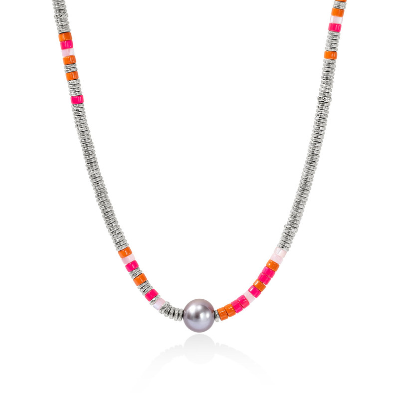 Heishi Necklace, Sterling Silver, Enamel, Hardstones, Pearl 1