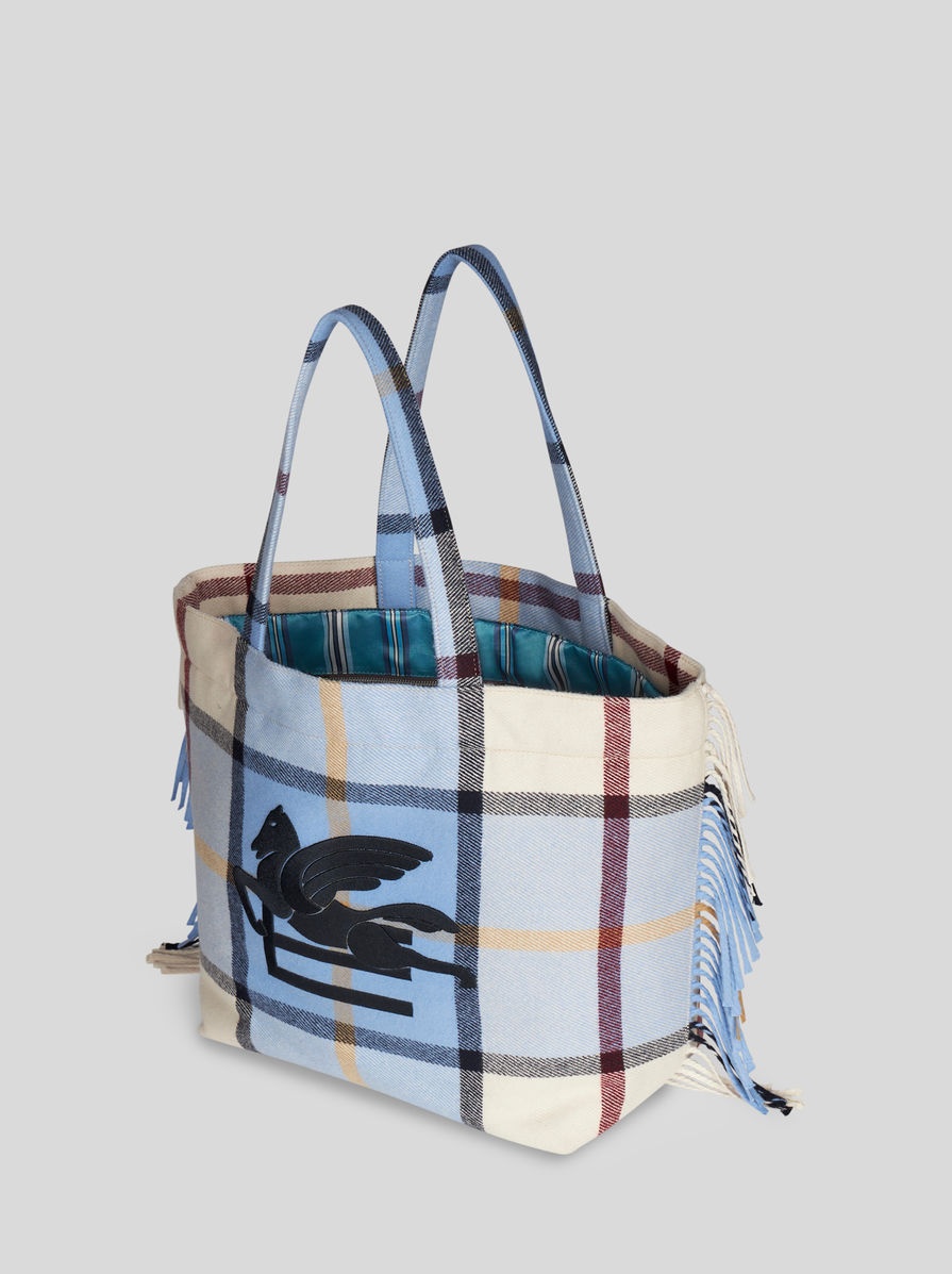 LARGE CHECK JACQUARD SOFT TROTTER TOTE BAG WITH FRINGING - 5
