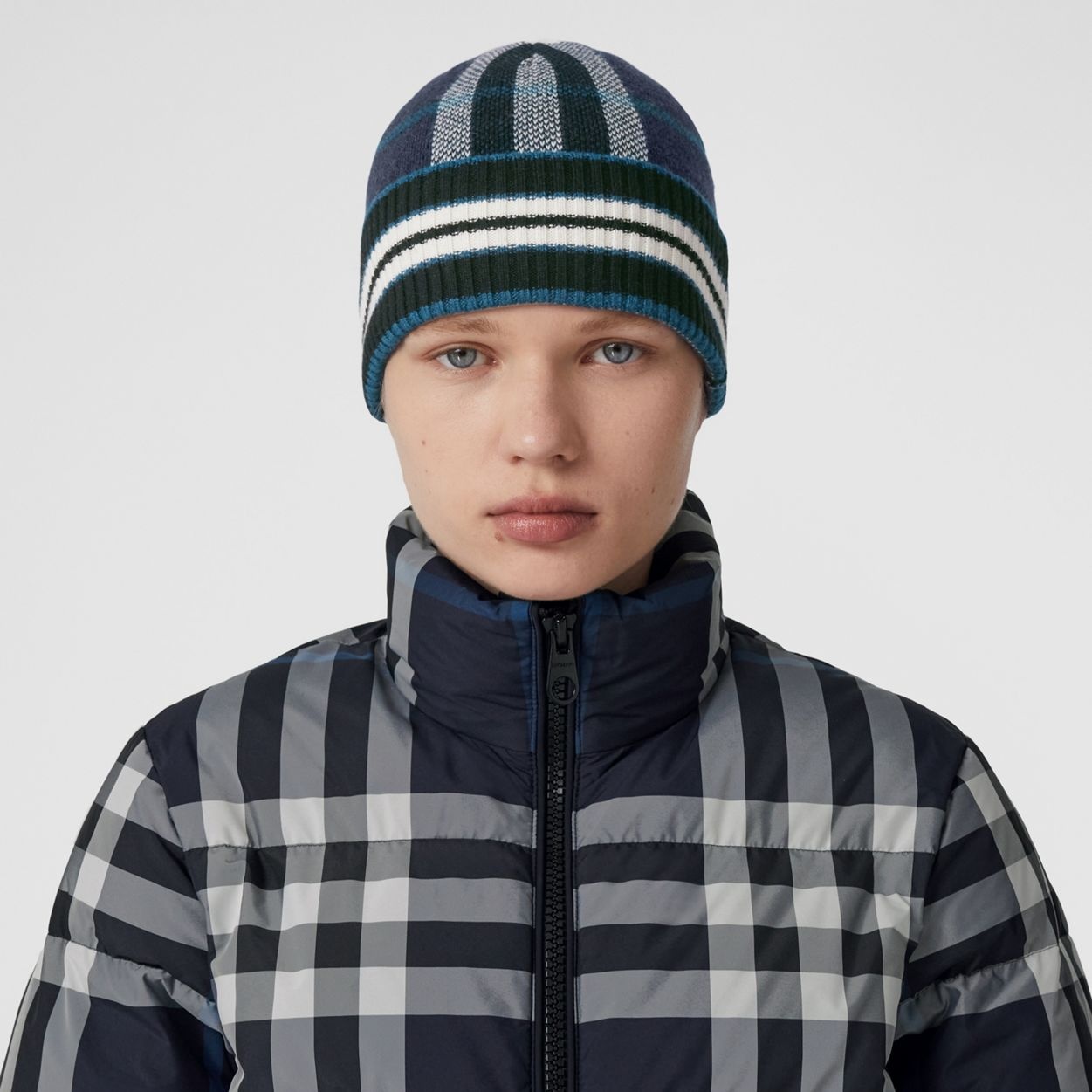 Check and Stripe Cashmere Beanie - 3