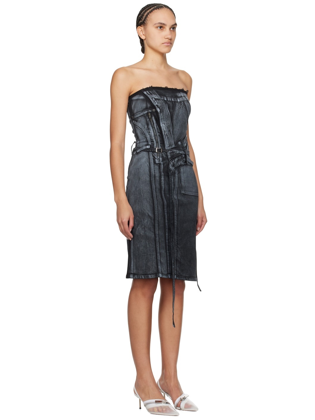 Black Belted Denim Minidress - 2