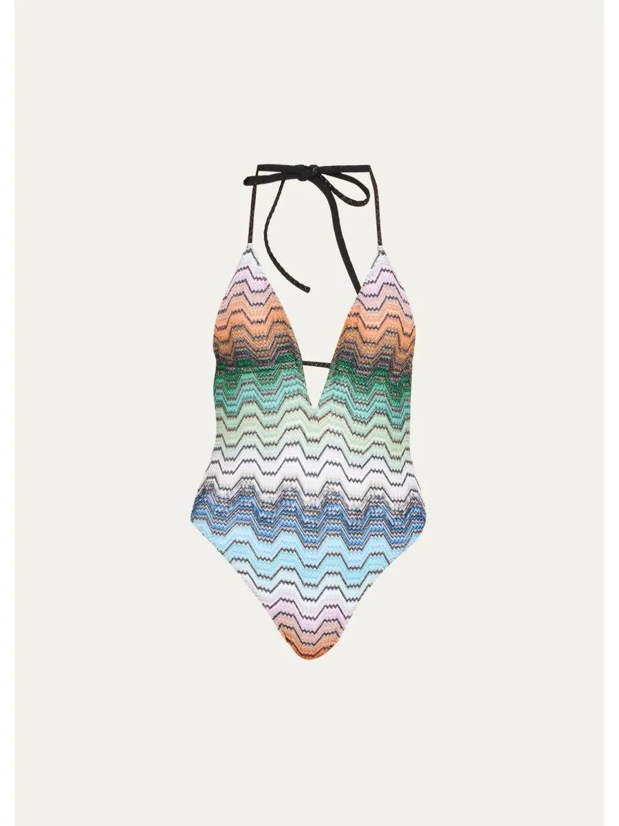Zigzag-Knit V-Neck One-Piece Swimsuit - 1