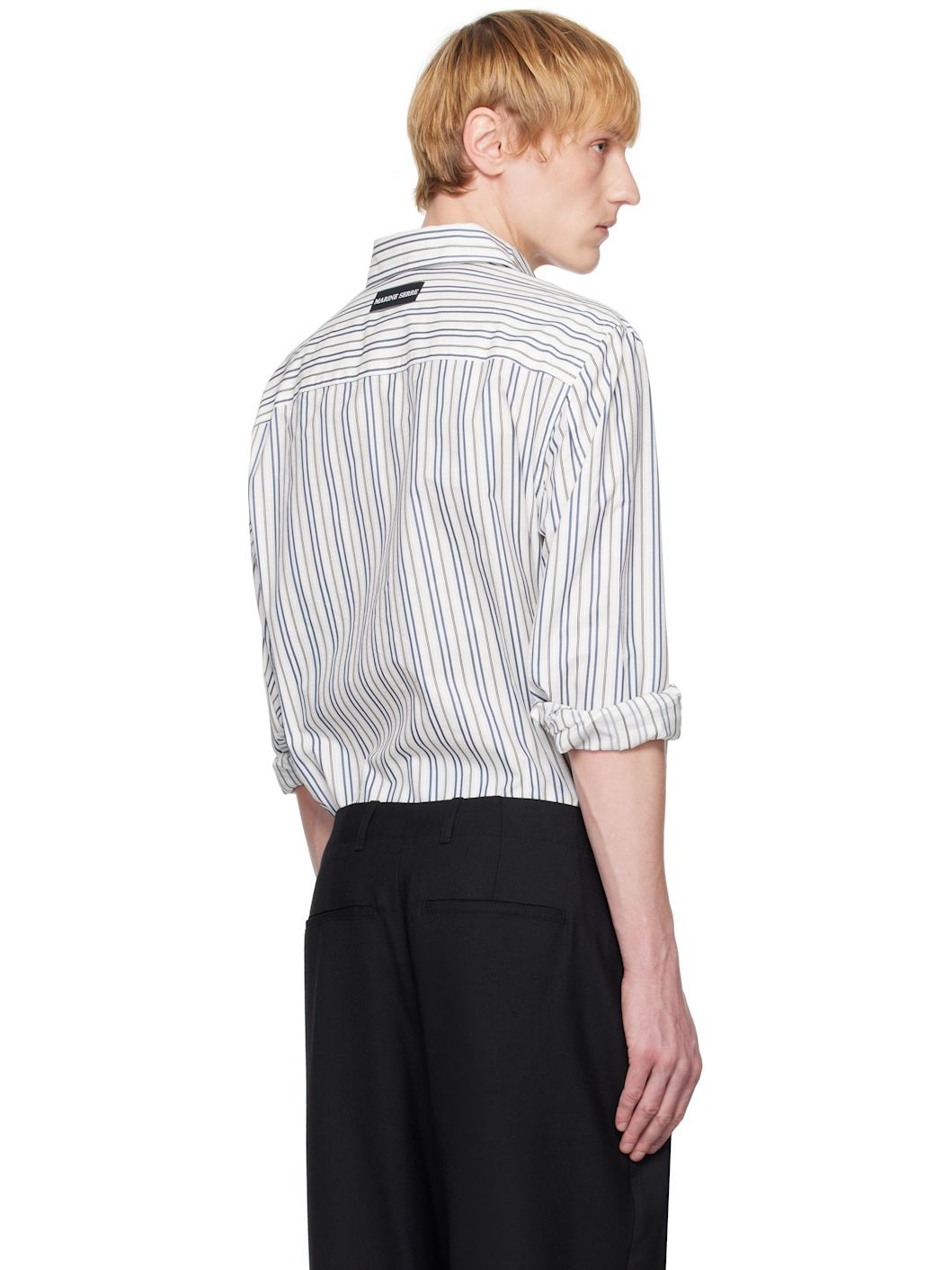 Off-White & Navy Regenerated Striped Poplin Button Up Shirt - 3