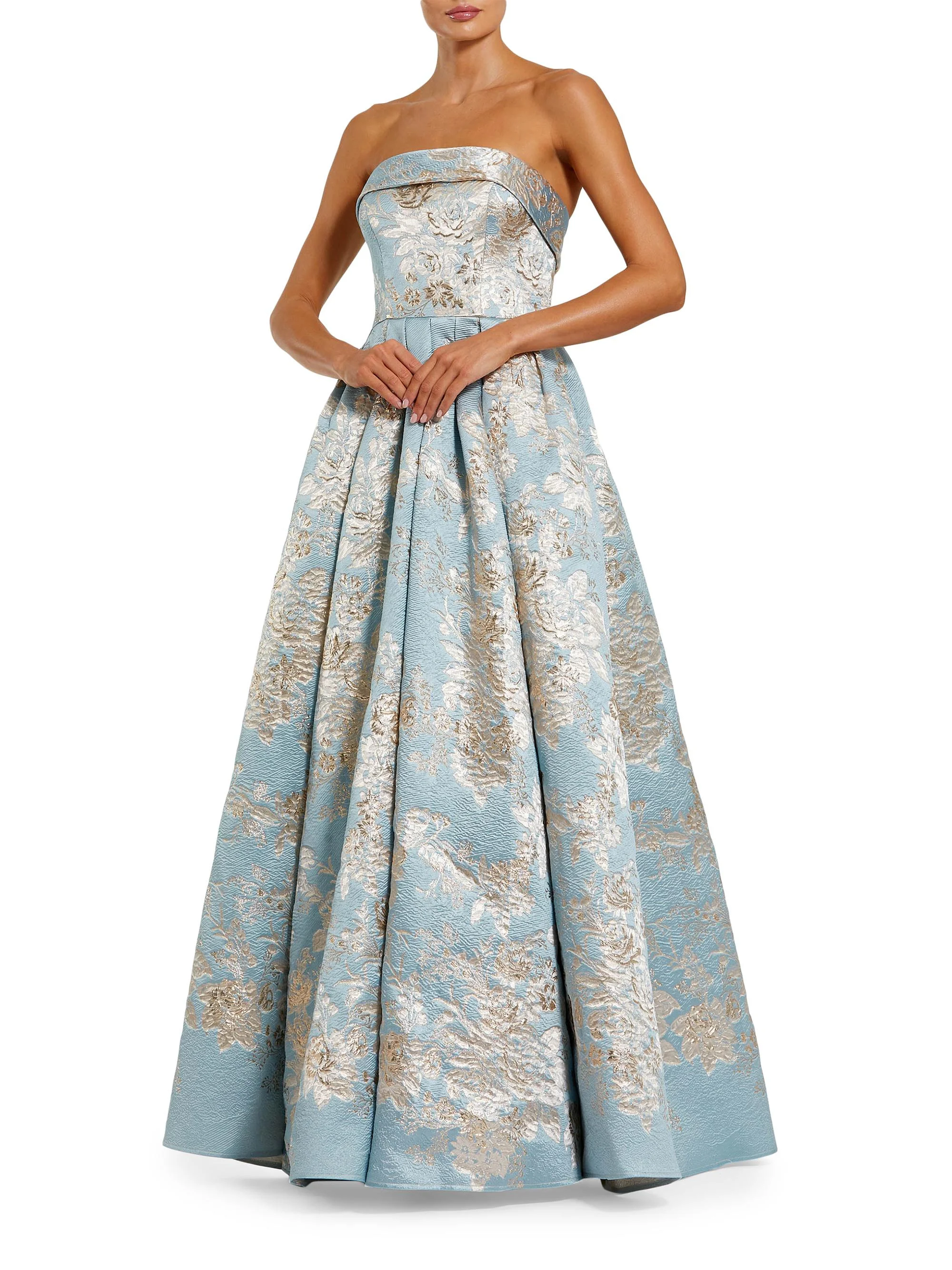 Women's Cocktail Floral-Brocade Pleated Ballgown - Blue Multi - 1