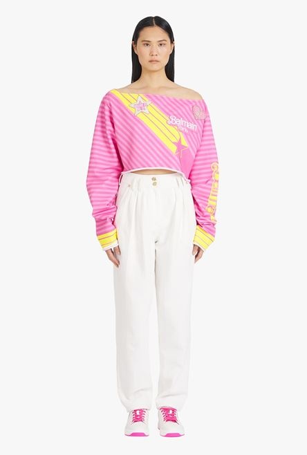 Balmain x Barbie - Pink eco-designed cotton off-the-shoulder crop top - 4