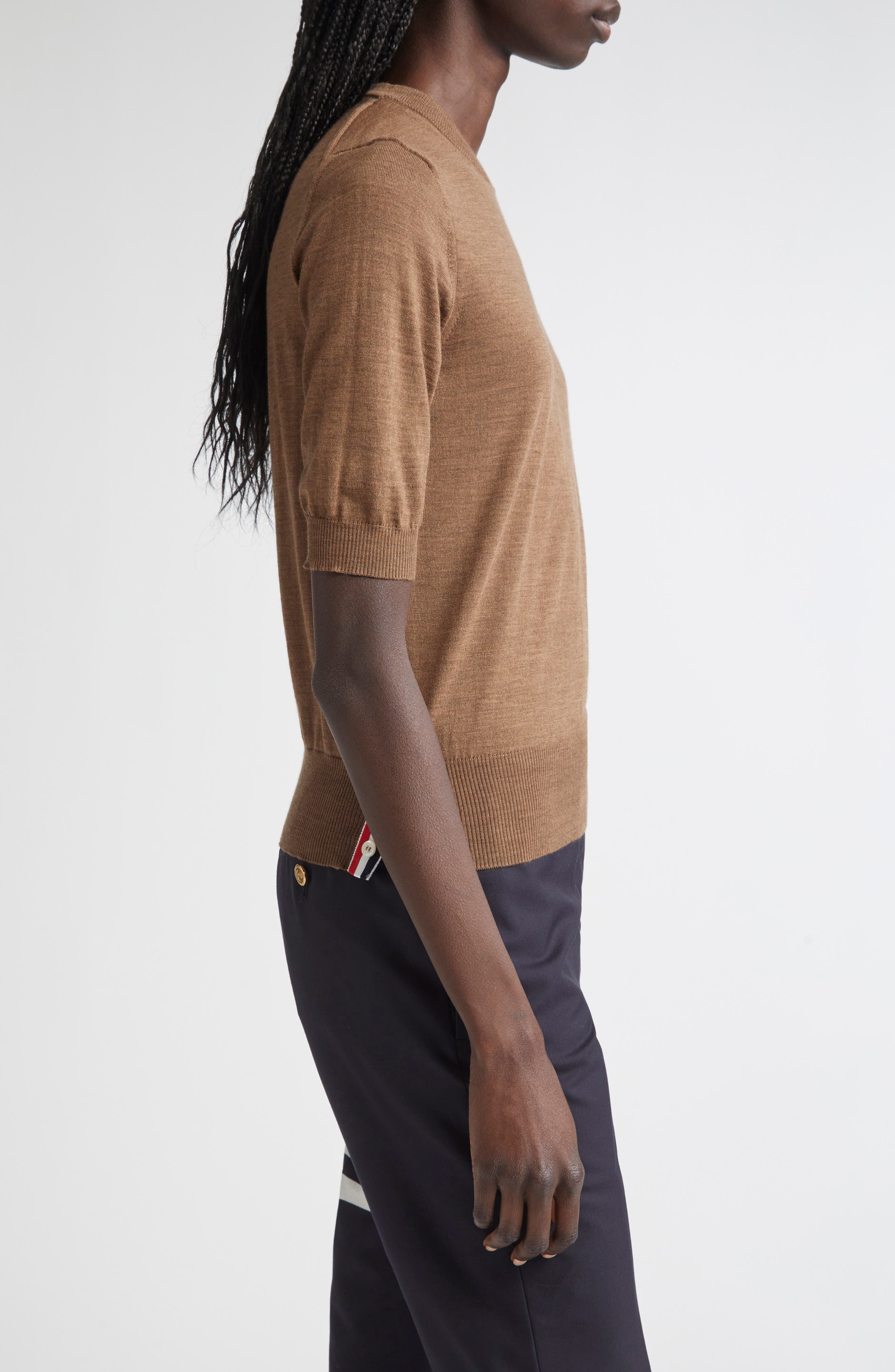 Thom Browne 4-Bar Short Sleeve Wool Blend Sweater in Walnut at Nordstrom - 4