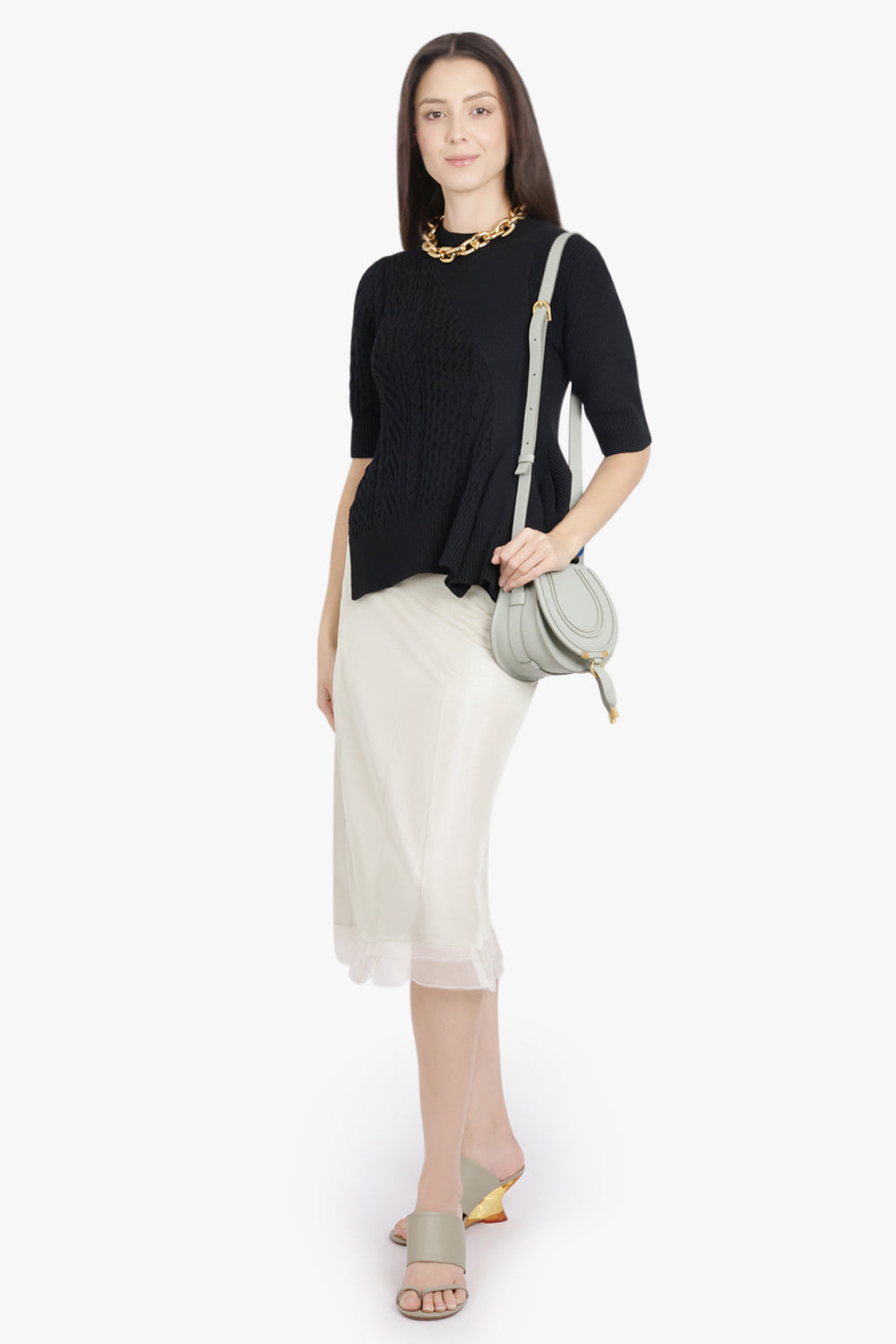 3/4 SLEEVE CHAIN KNIT WITH ASYMMETRIC HEM DETAIL | BLACK - 2