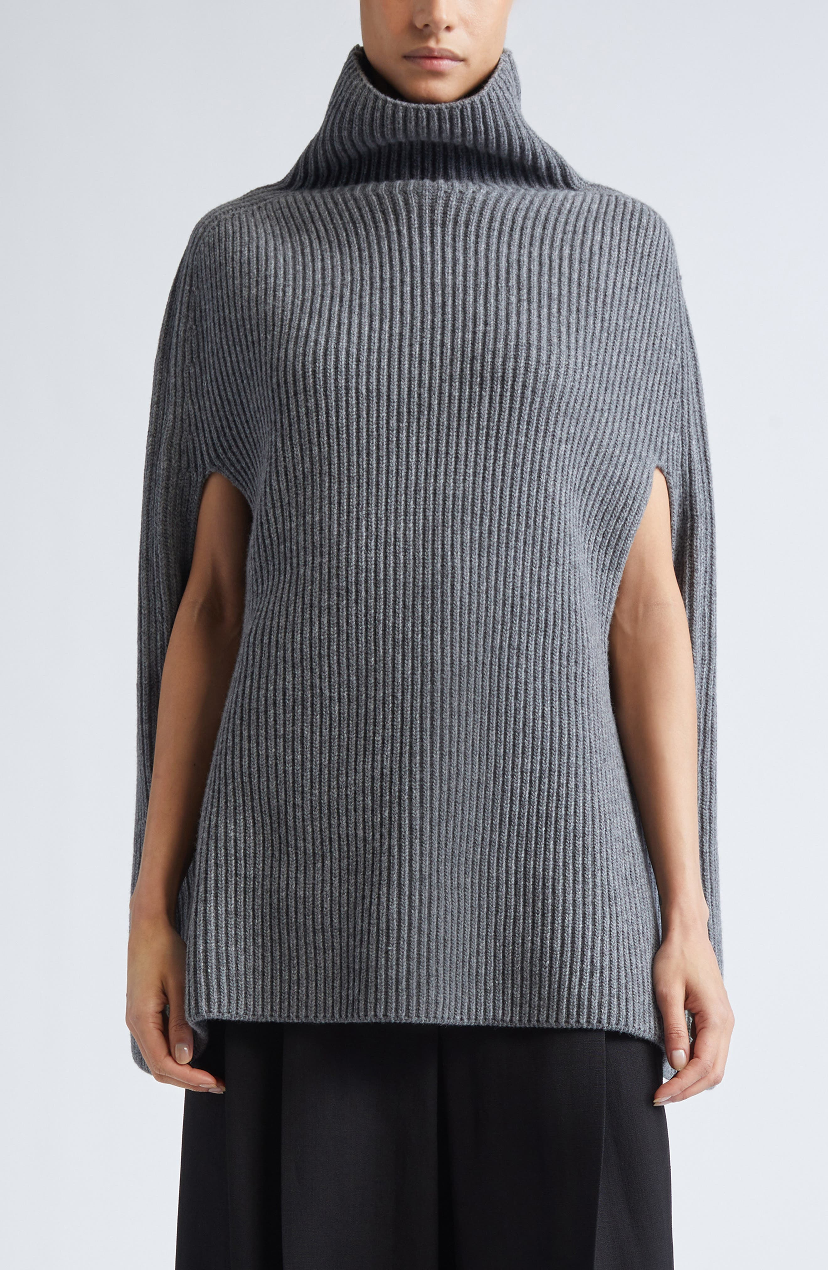 Jil Sander Funnel Neck Wool Rib Cape in Koala at Nordstrom - 1