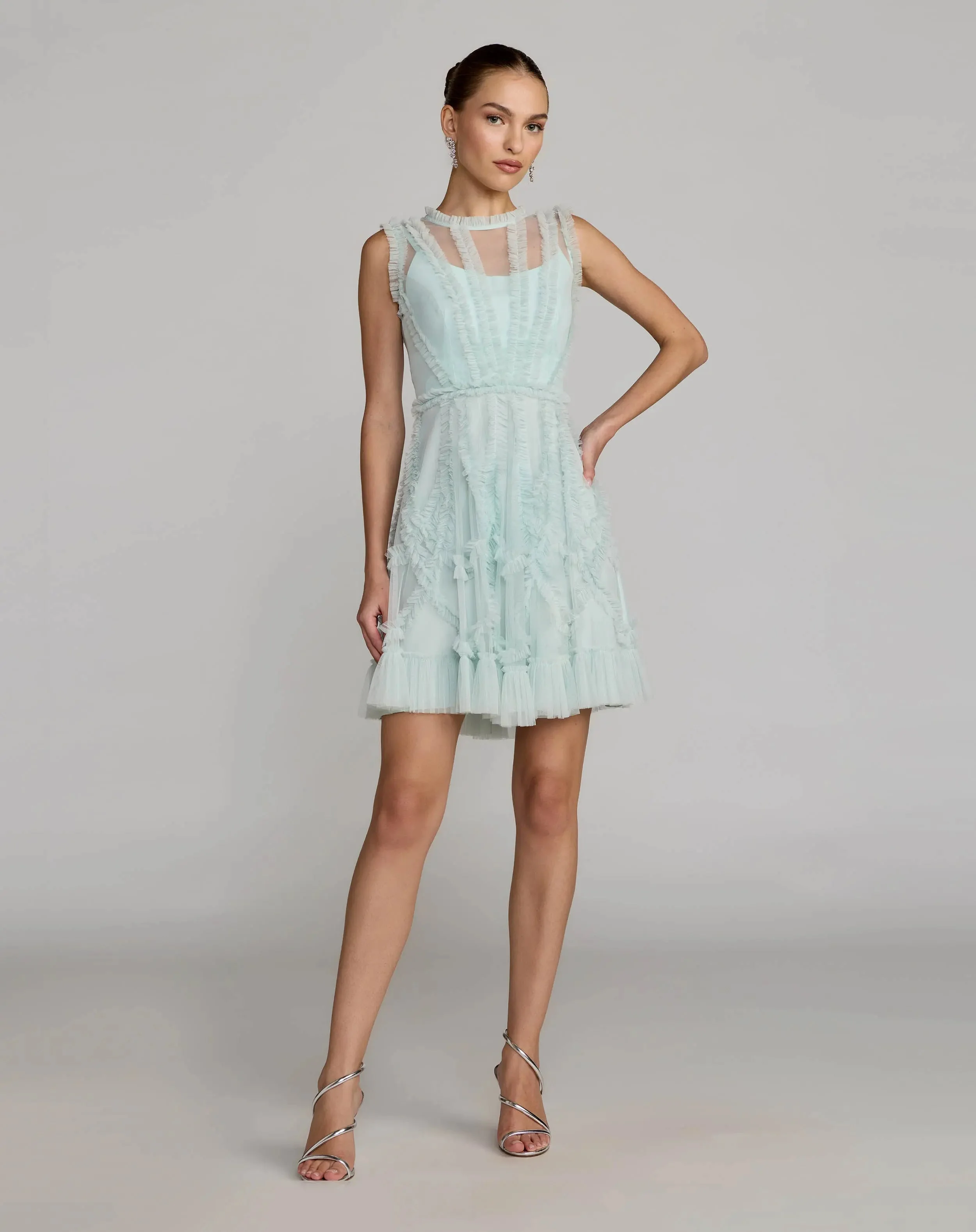 Aqua High Neck Sleeveless Micro Ruffle Mini Dress - 1