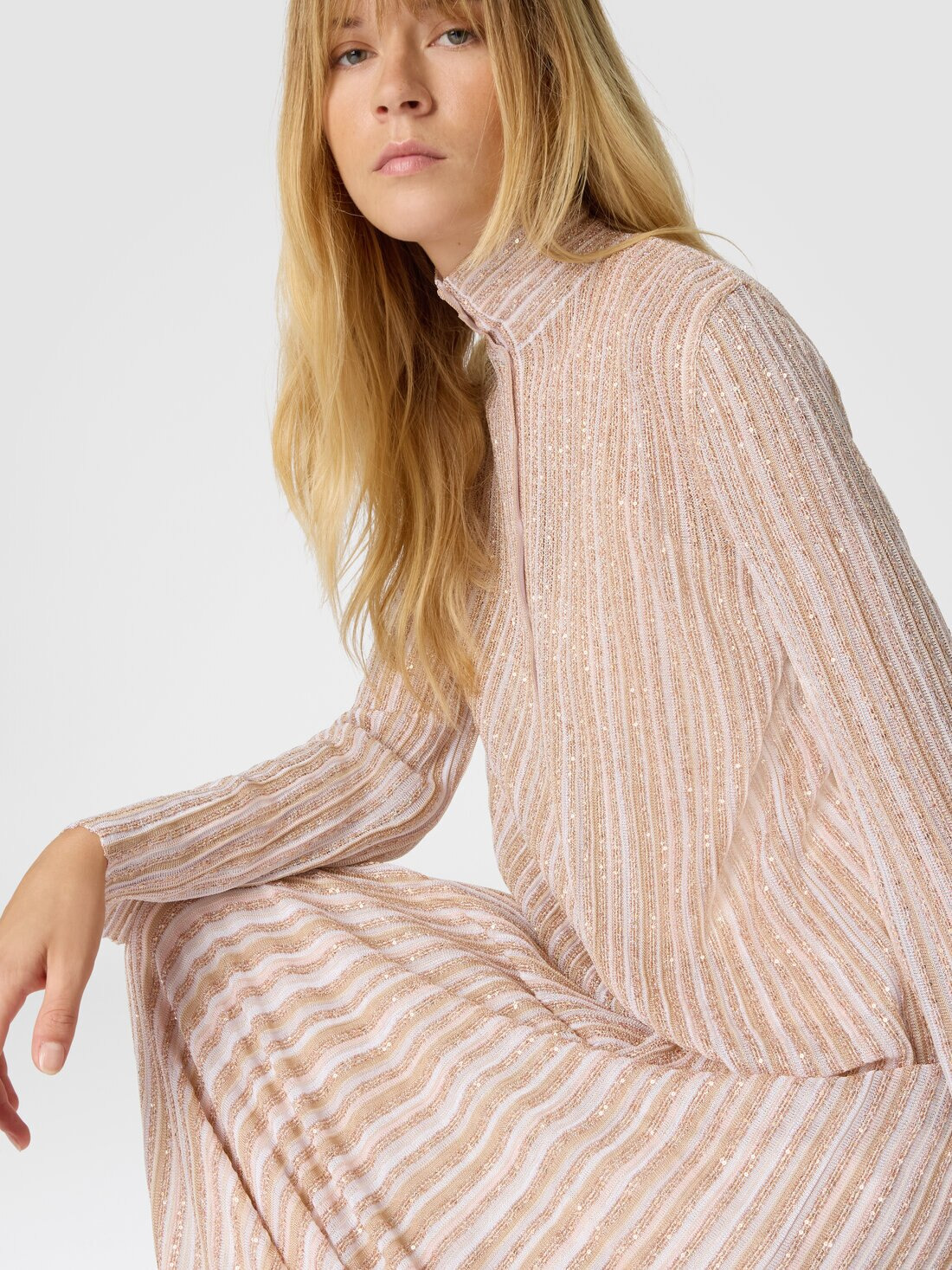 Long Button-Down Dress with Lamé Stripes and Long Sleeves - 4