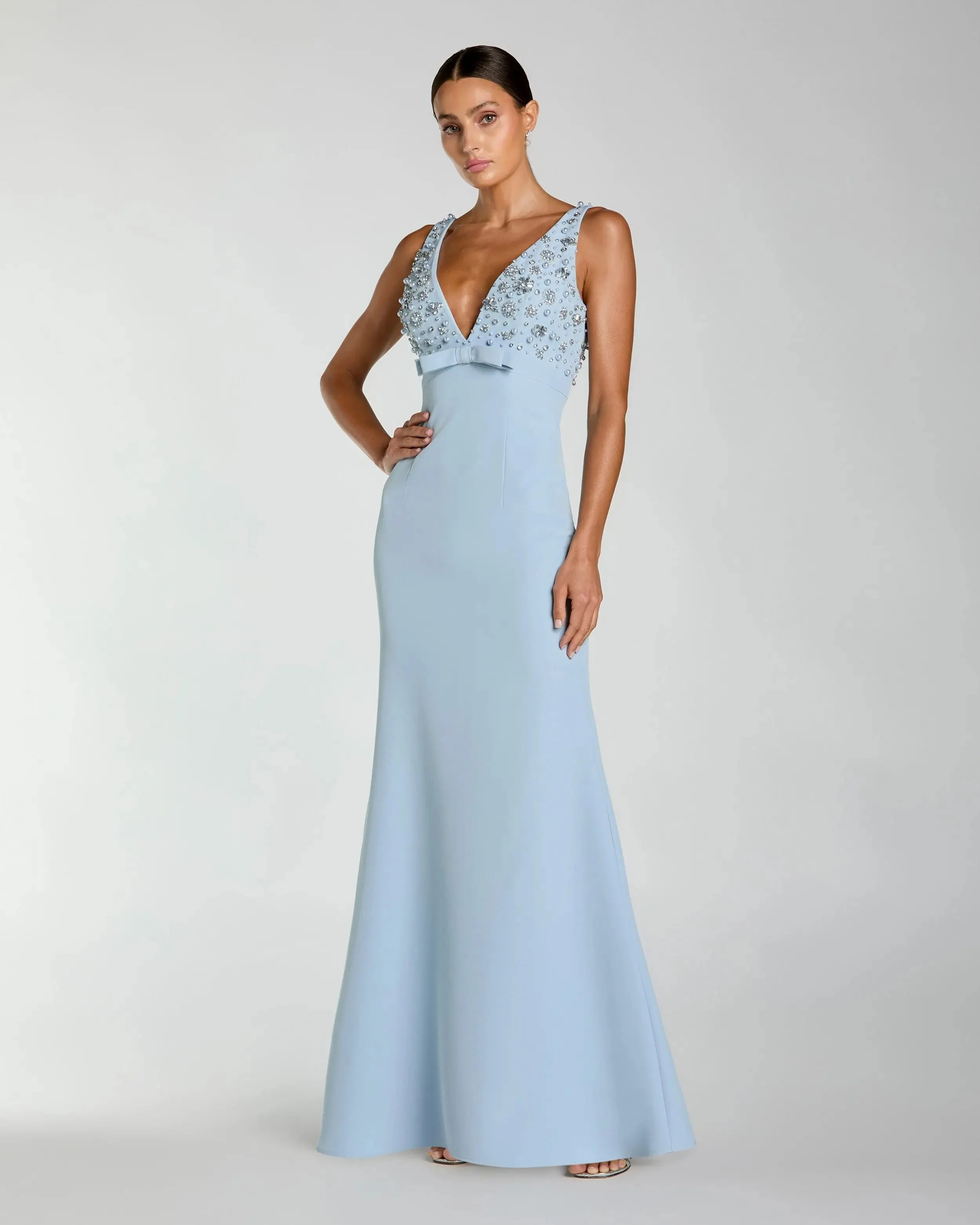 Powder Blue Embellished Deep V-Neck Crepe Gown With Bow - 1