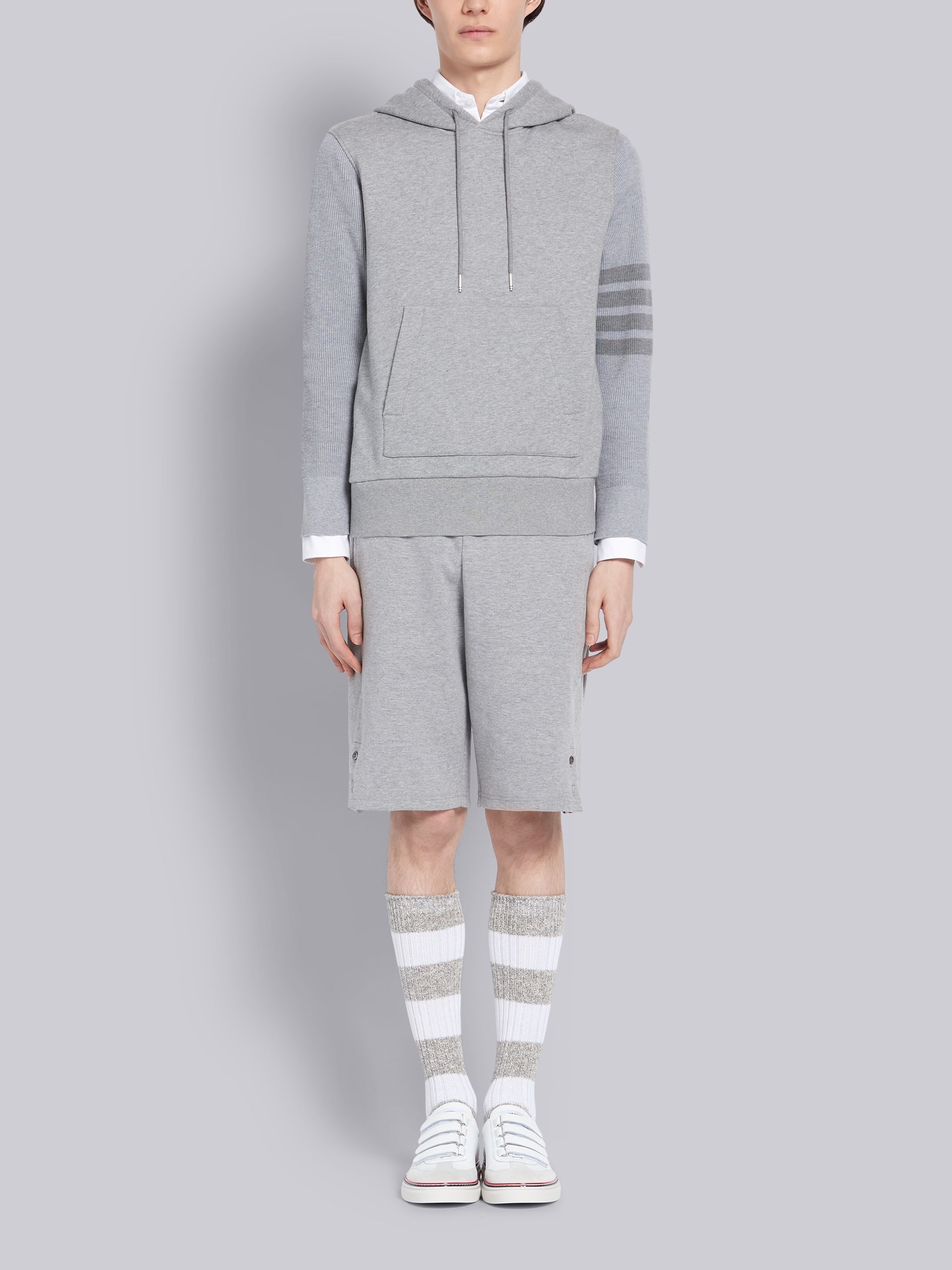 Light Grey Classic Loopback Ribbed Sleeves 4-Bar Pullover Hoodie - 4