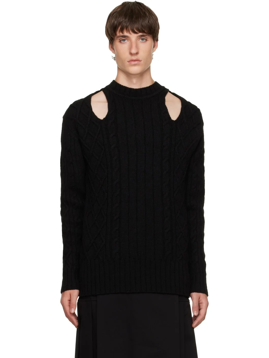 Black Cable Knit Slash Sweater - 1
