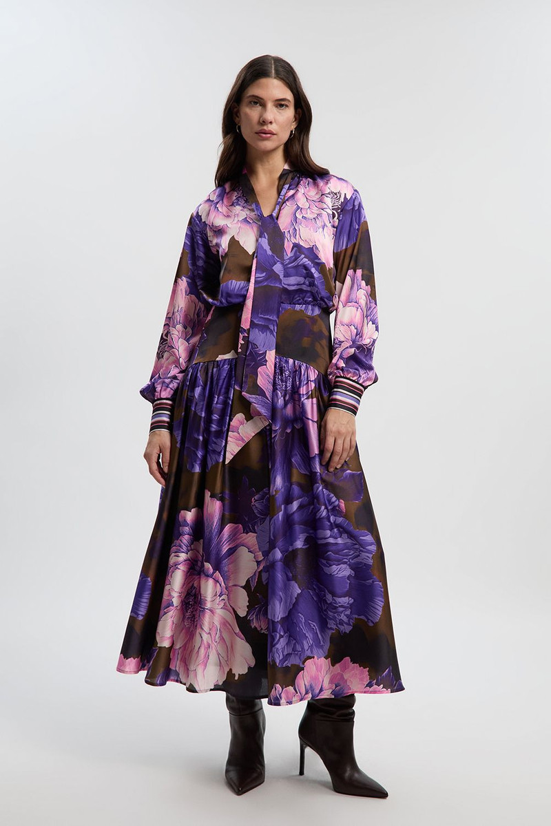 KAREN MILLEN Petite Floral Print Hammered Satin Collared Woven Shirt Dress outlook