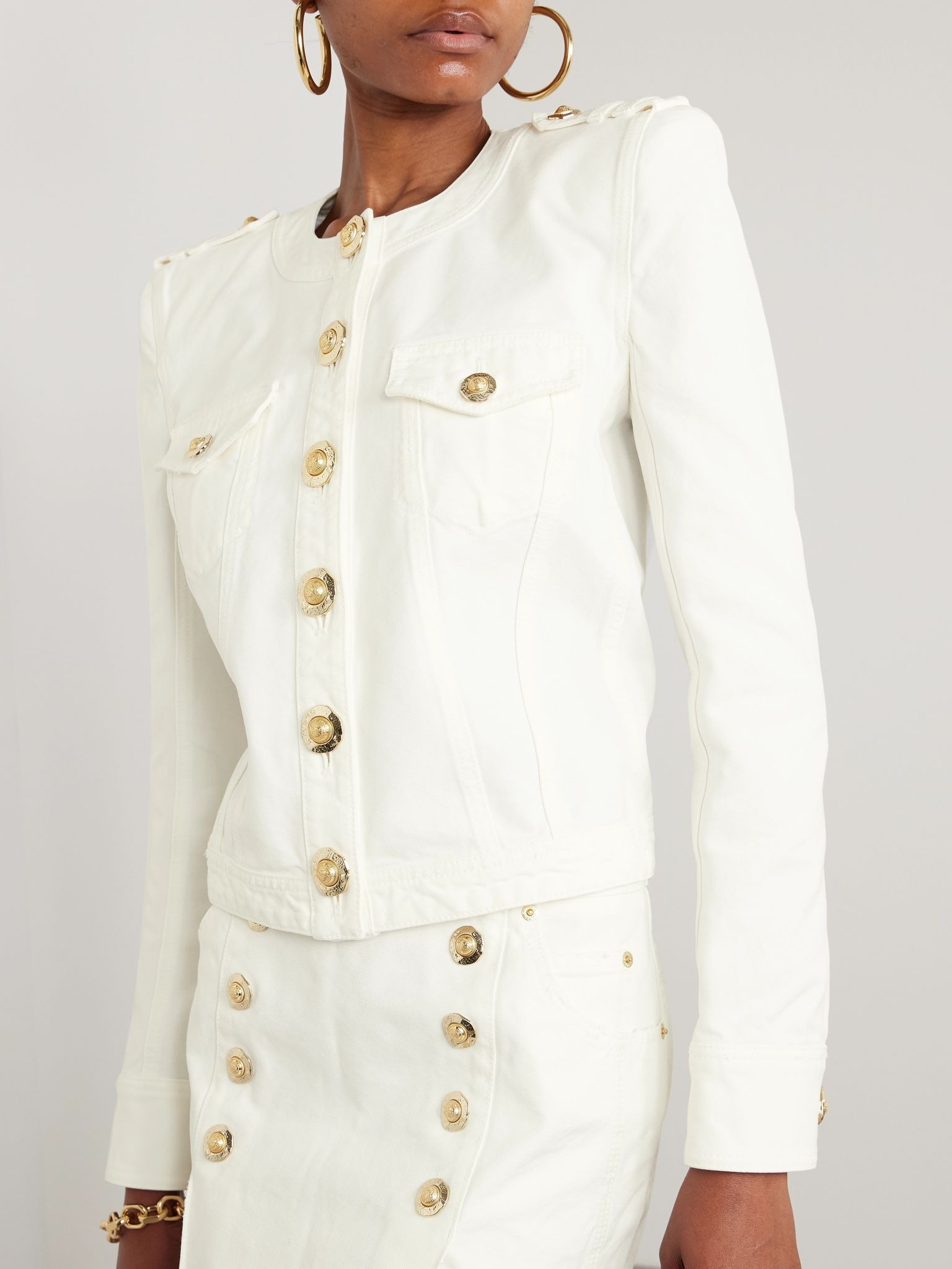 Cropped button-embellished cotton-canvas jacket White - 3