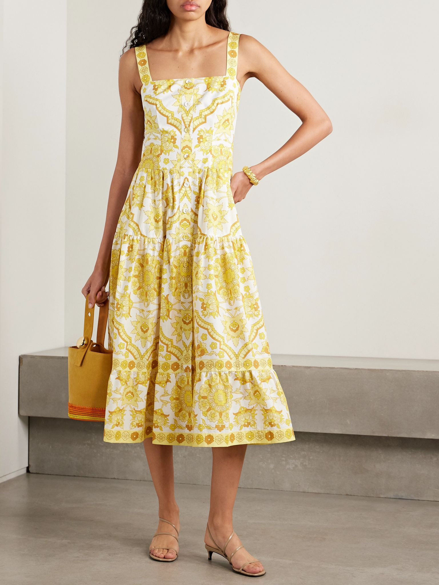 Margarita tiered floral-print cotton-poplin midi dress Yellow - 2
