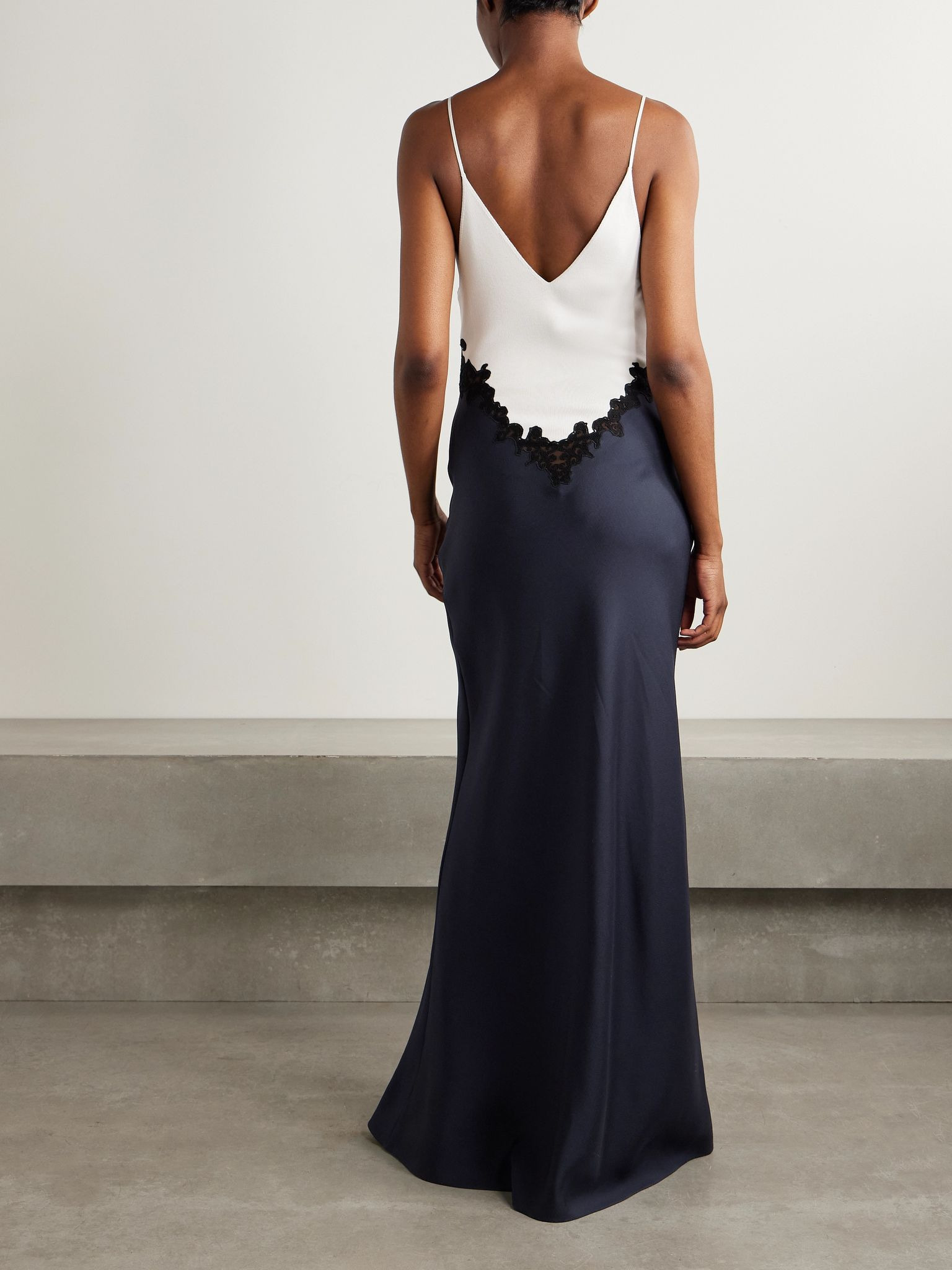 Amaryllis lace-trimmed silk maxi dress Navy - 3