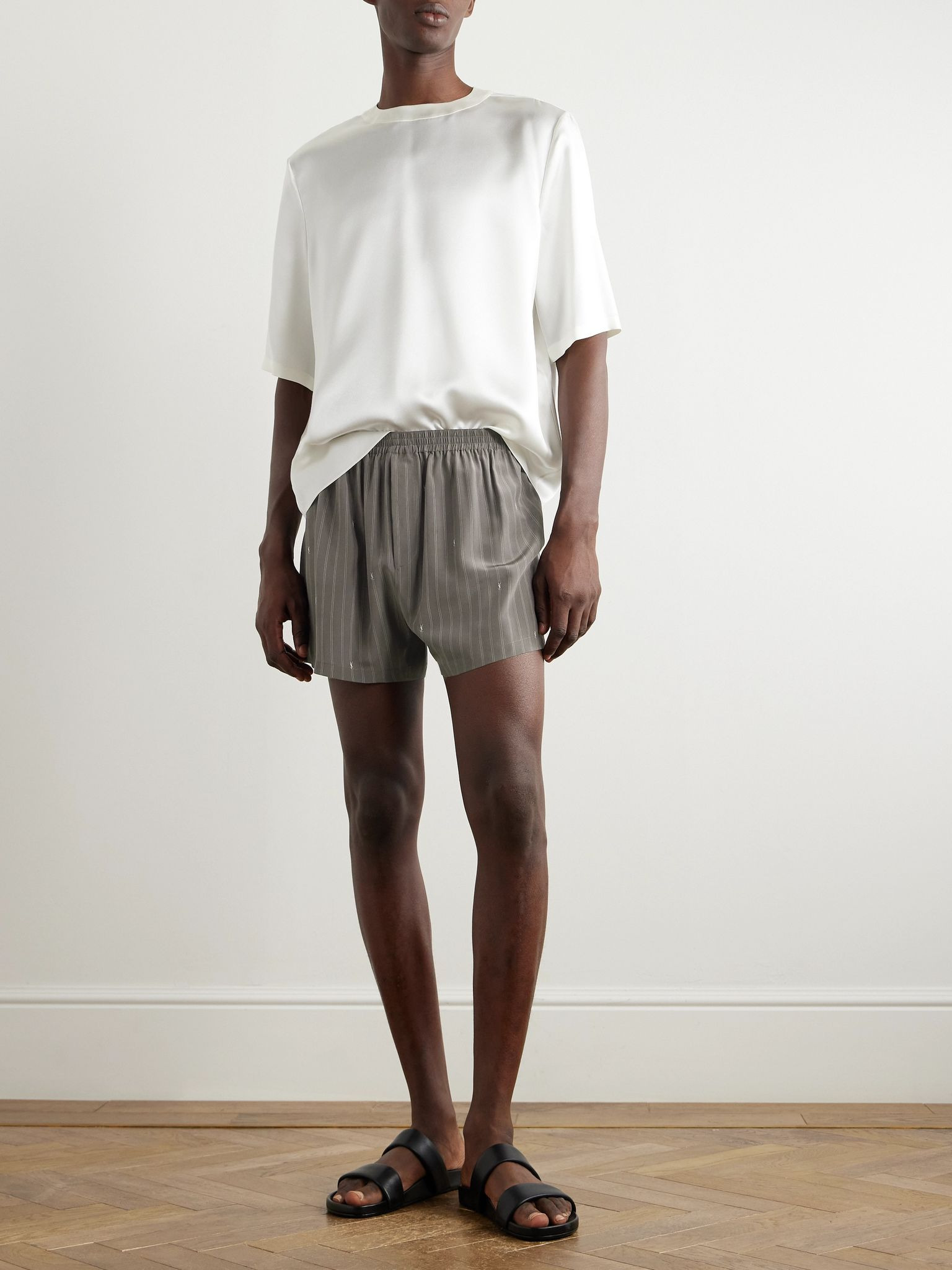 Straight-Leg Logo-Print Pinstriped Silk Shorts Charcoal - 2