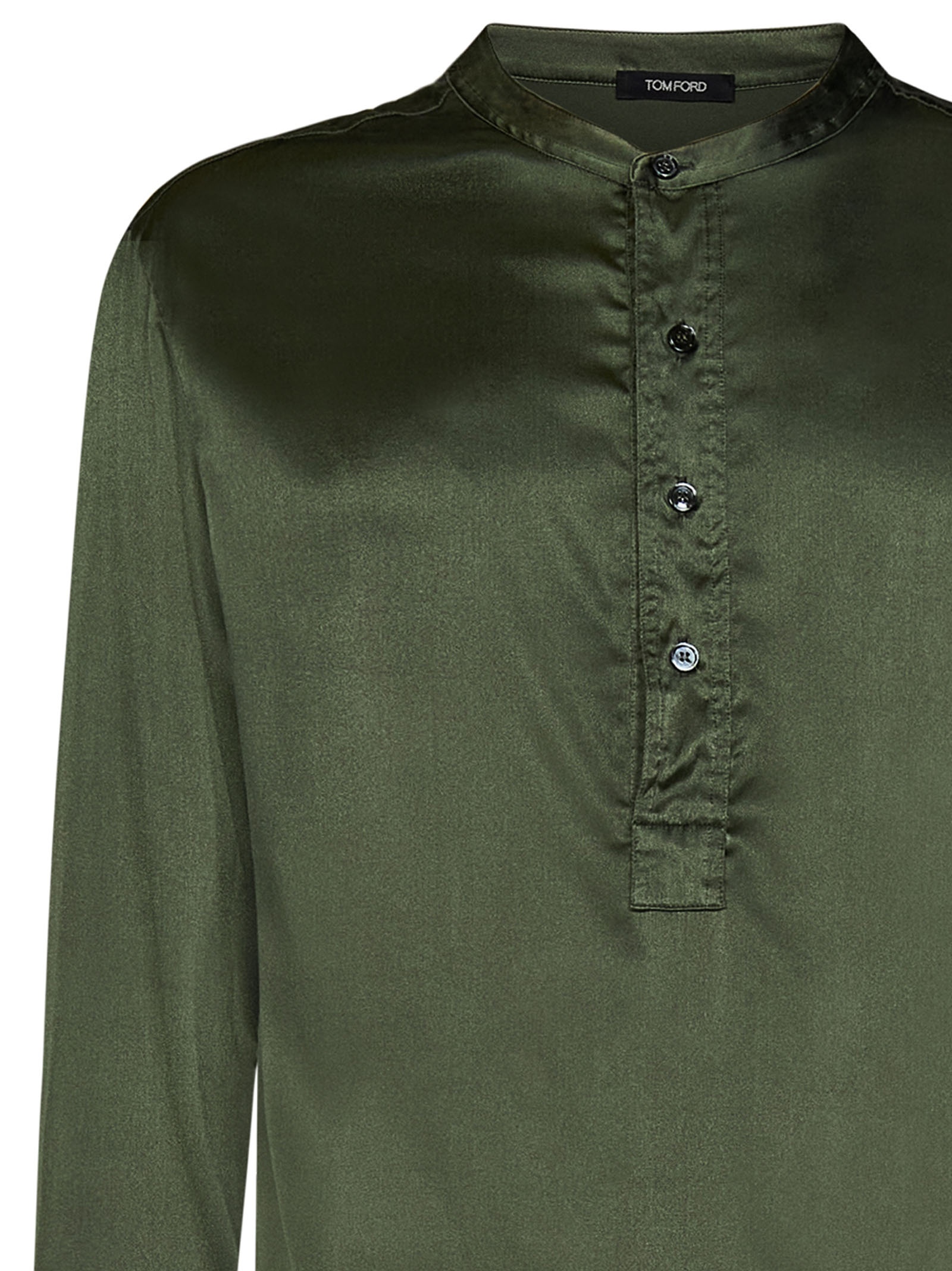 Military-colored stretch silk pajama shirt with henley collar and logo label. - 3