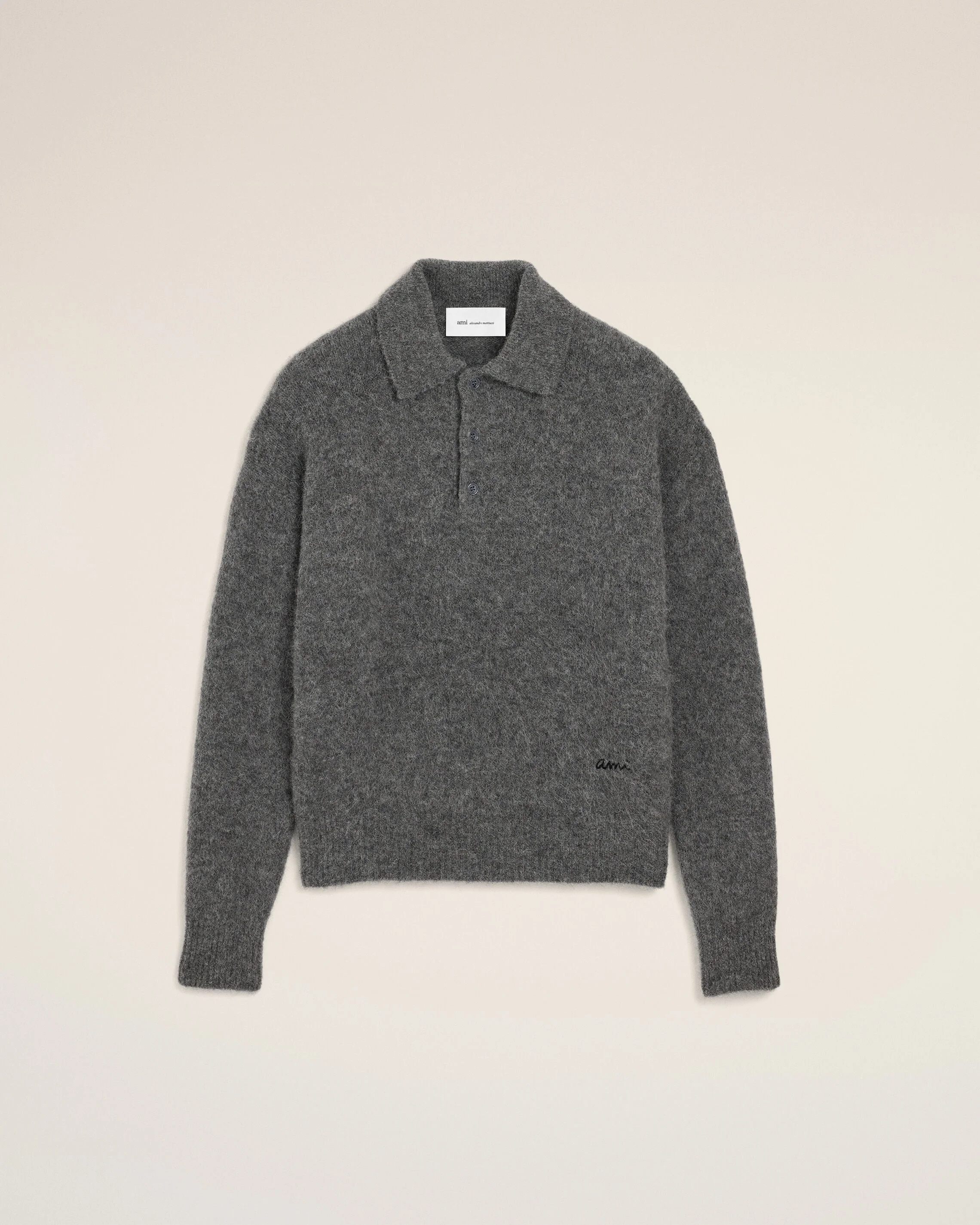 GREY WOOL AND ALPACA POLO WITH AMI EMBROIDERY - 1