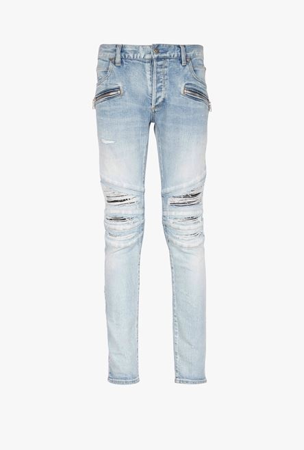 Slim cut ripped light blue cotton jeans with synthetic leather panels - 1