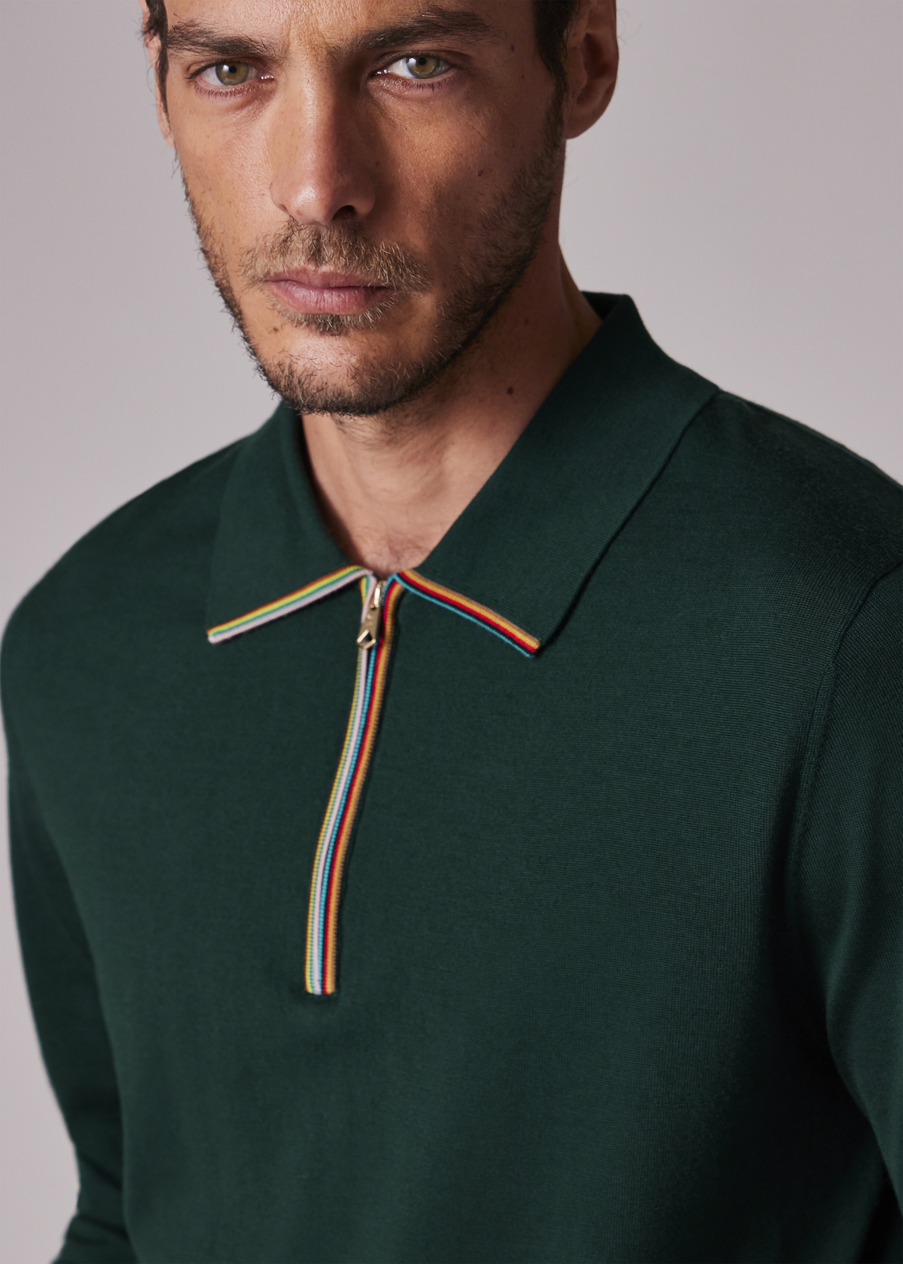 Dark Green 'Signature Stripe' Zip Trim Merino Wool Polo Shirt - 3