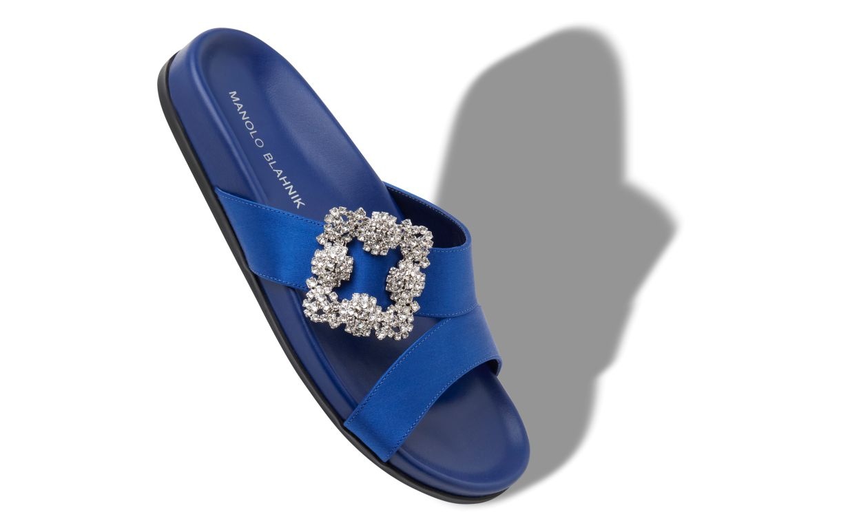 Blue Satin Jewel Buckle Flat Mules - 2
