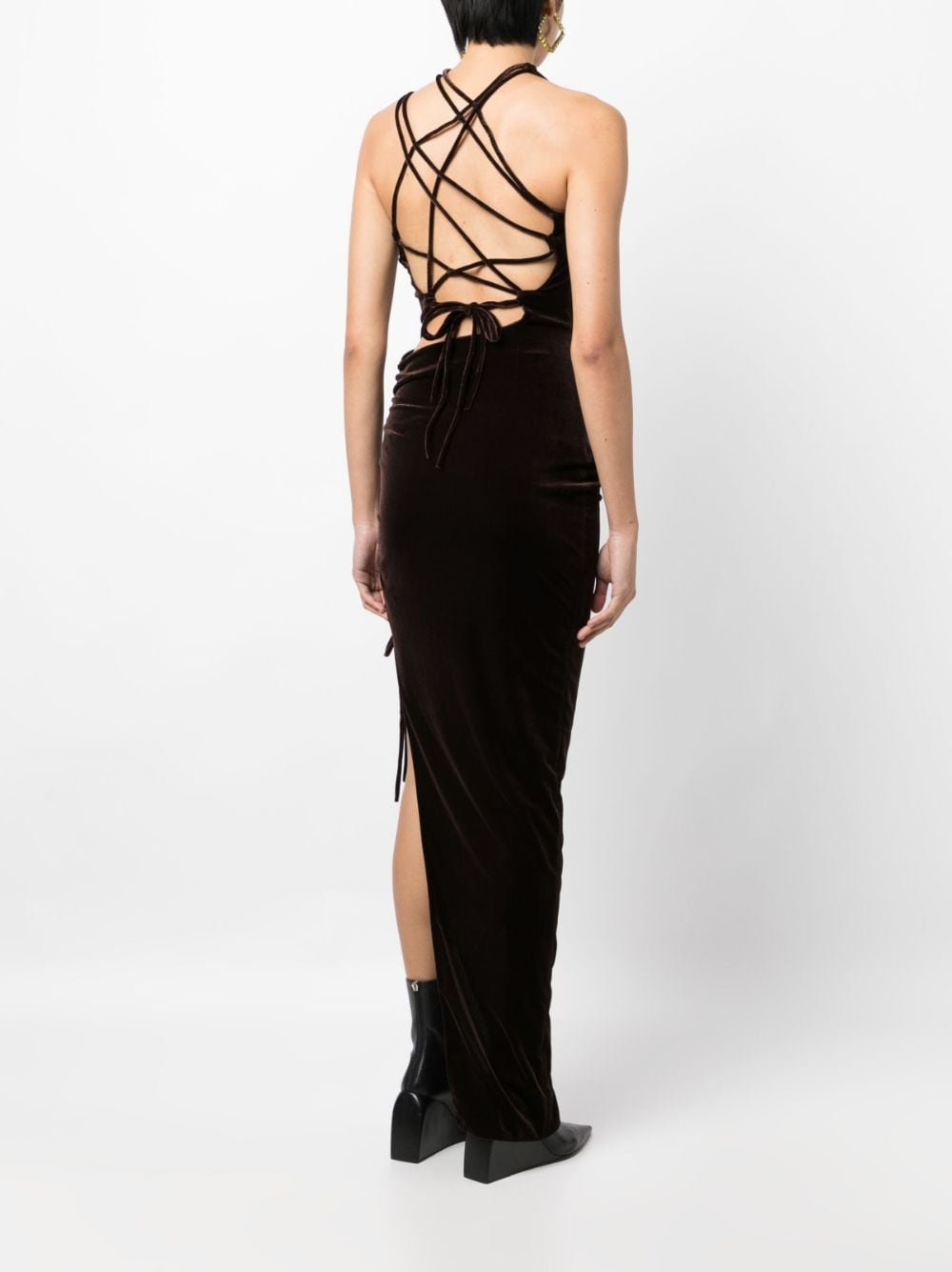 lace-up detailind velvet maxi dress - 4