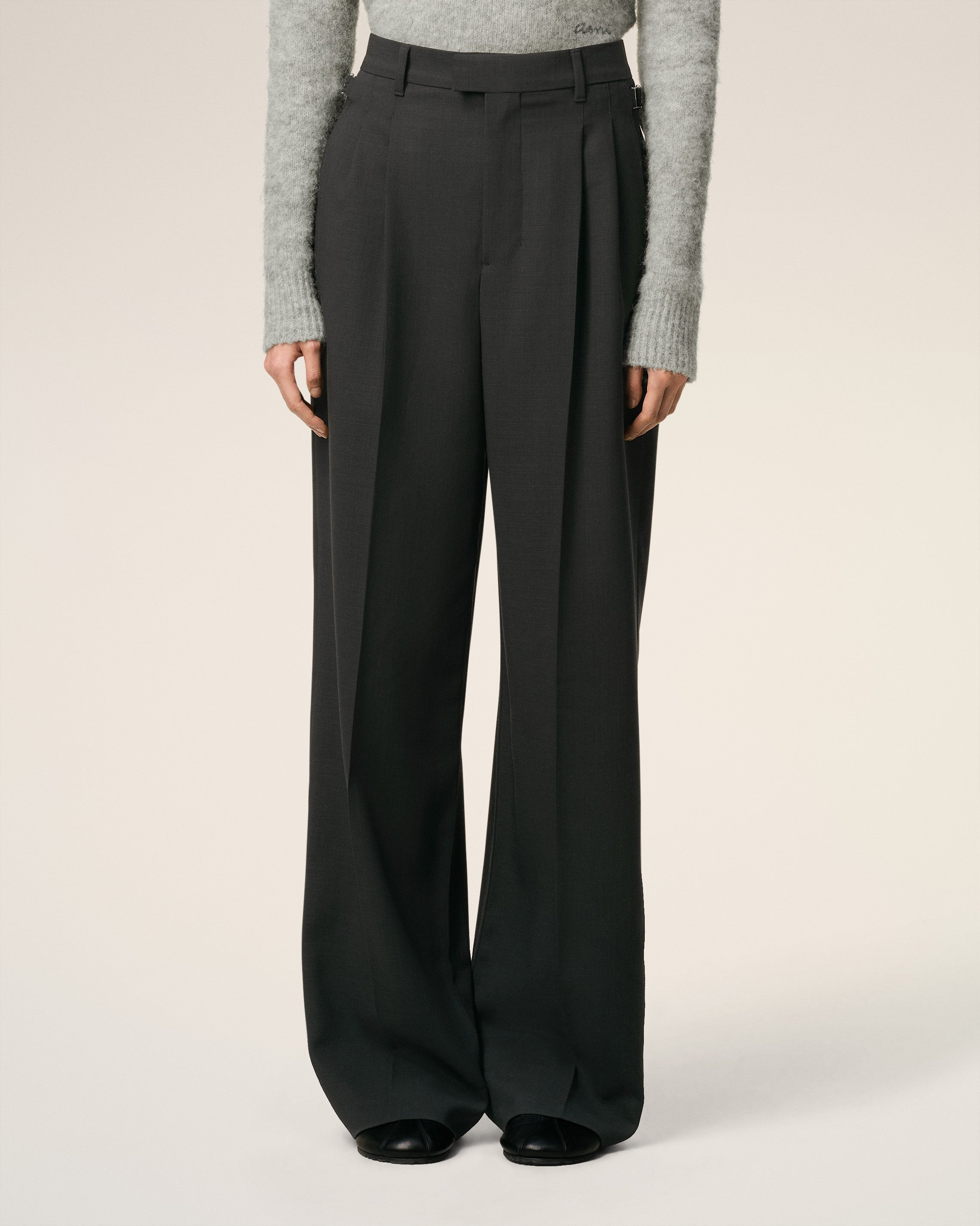 BLACK WOOL HIGH WAIST WIDE TROUSERS - 3