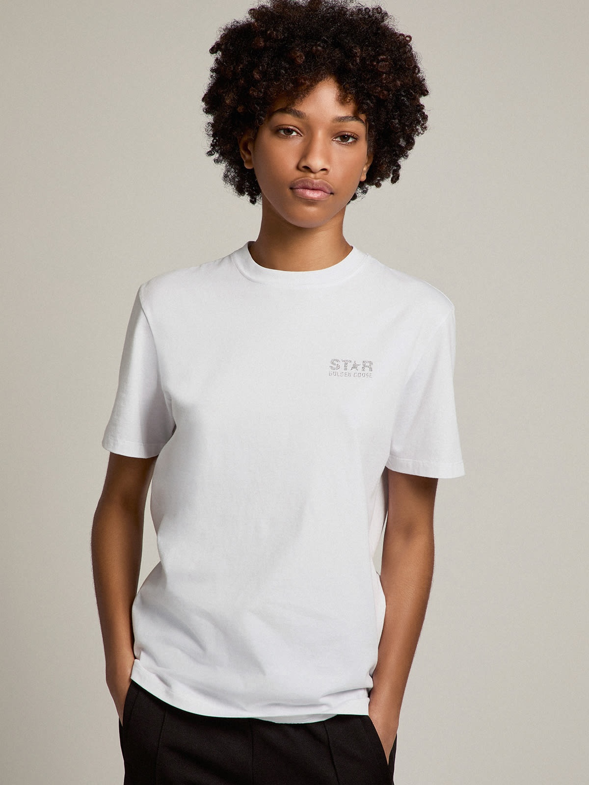Women's white T-shirt with silver glitter logo and star - 3