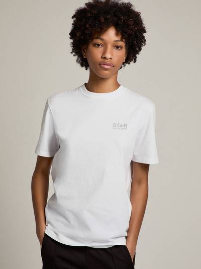 Golden Goose Women's white T-shirt with silver glitter logo and star outlook