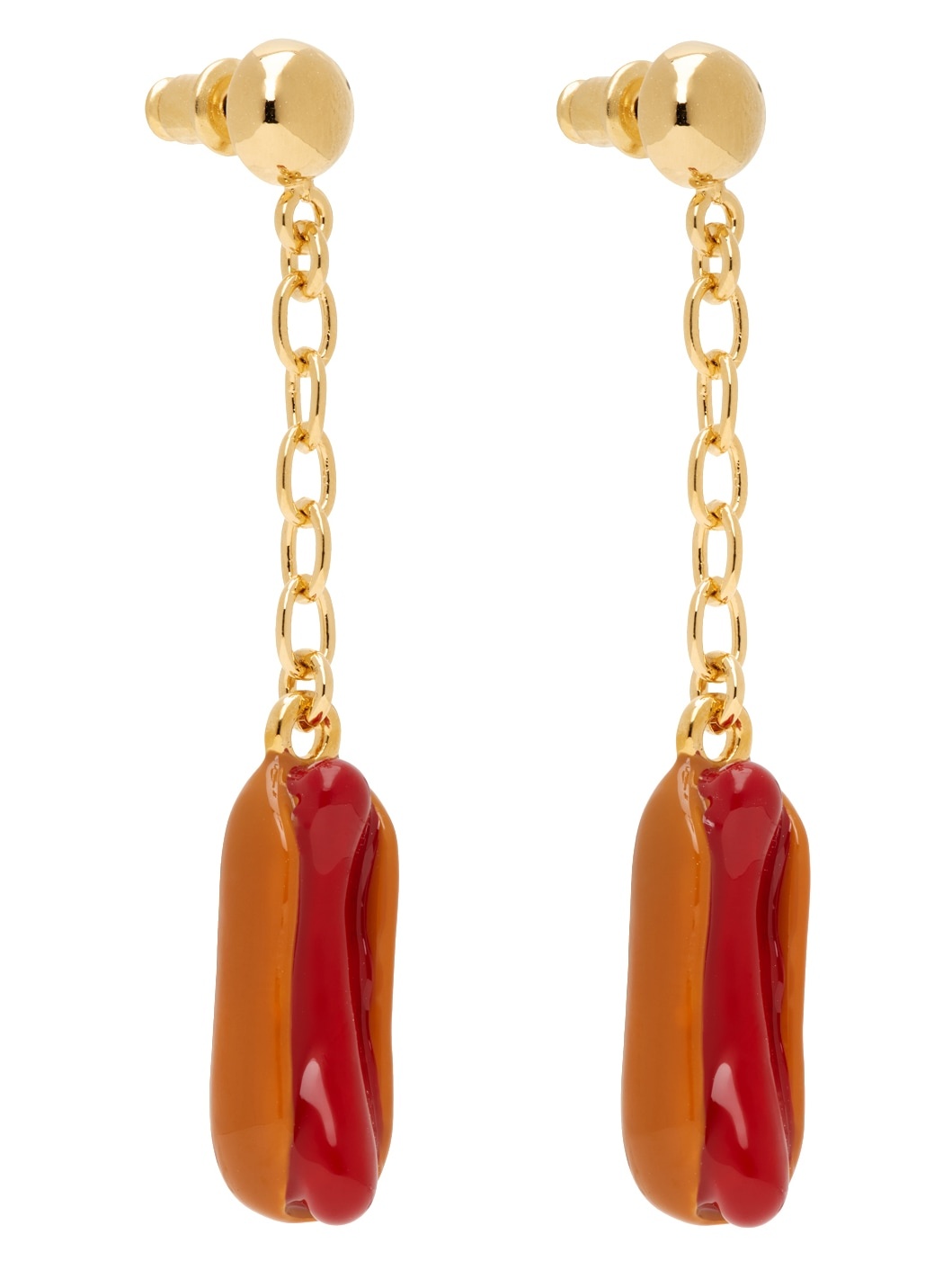 Gold & Orange Enameled Hot Dog Earrings - 2