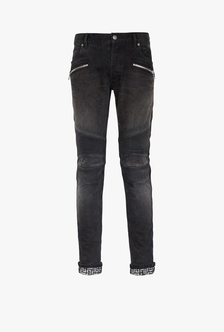 Slim cut faded and ridged black cotton jeans with Balmain monogram on hem - 1