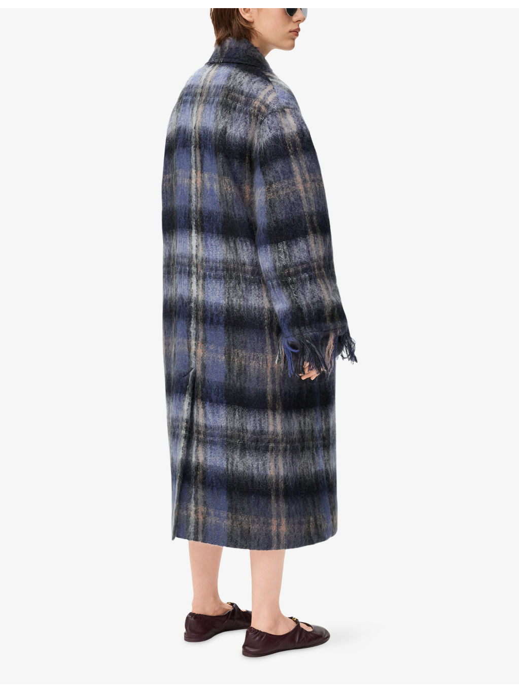 Check Brushed Mohair-Wool Long Coat - 4