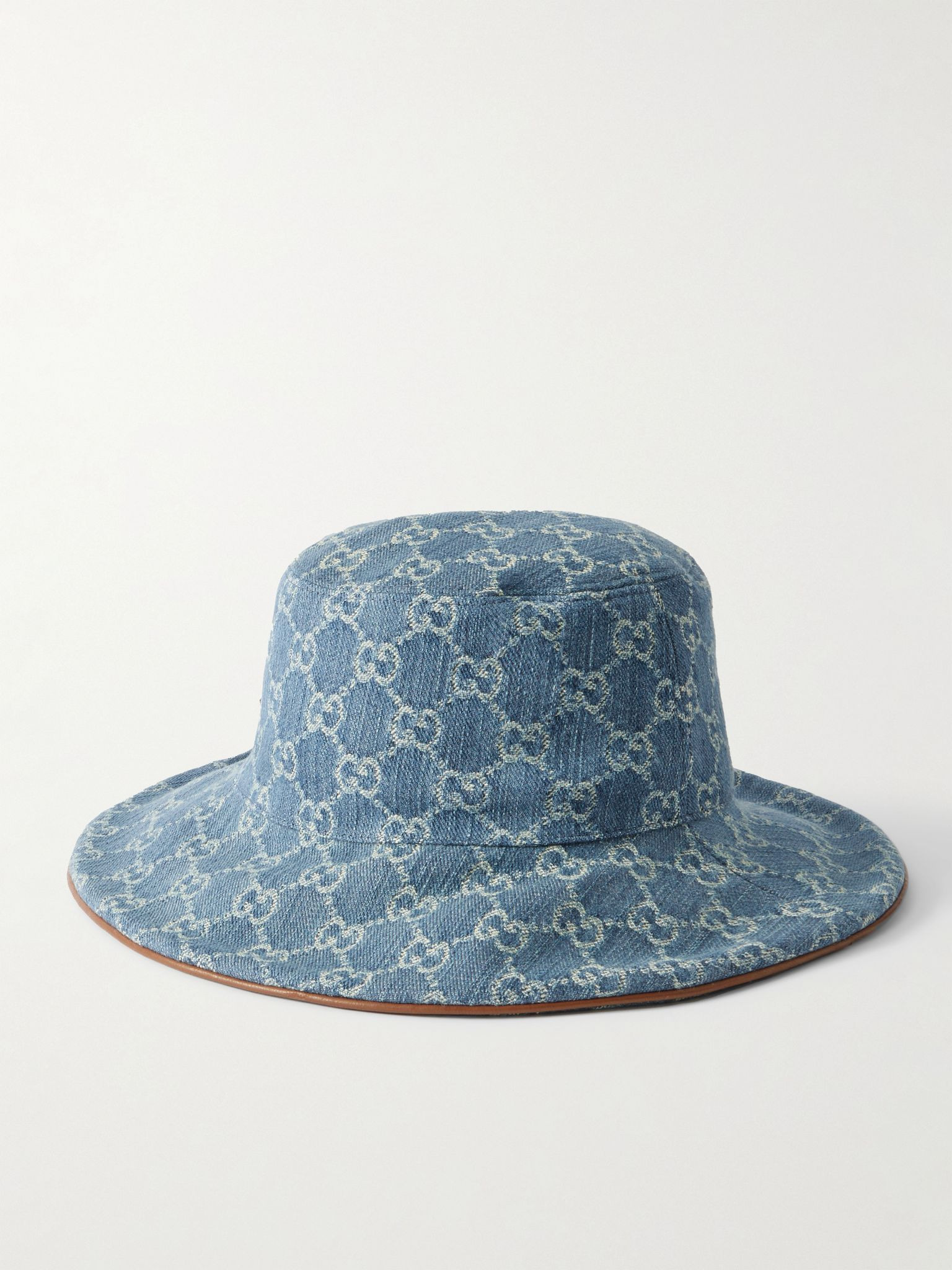 Horsebit-detailed leather-trimmed denim bucket hat Blue - 1