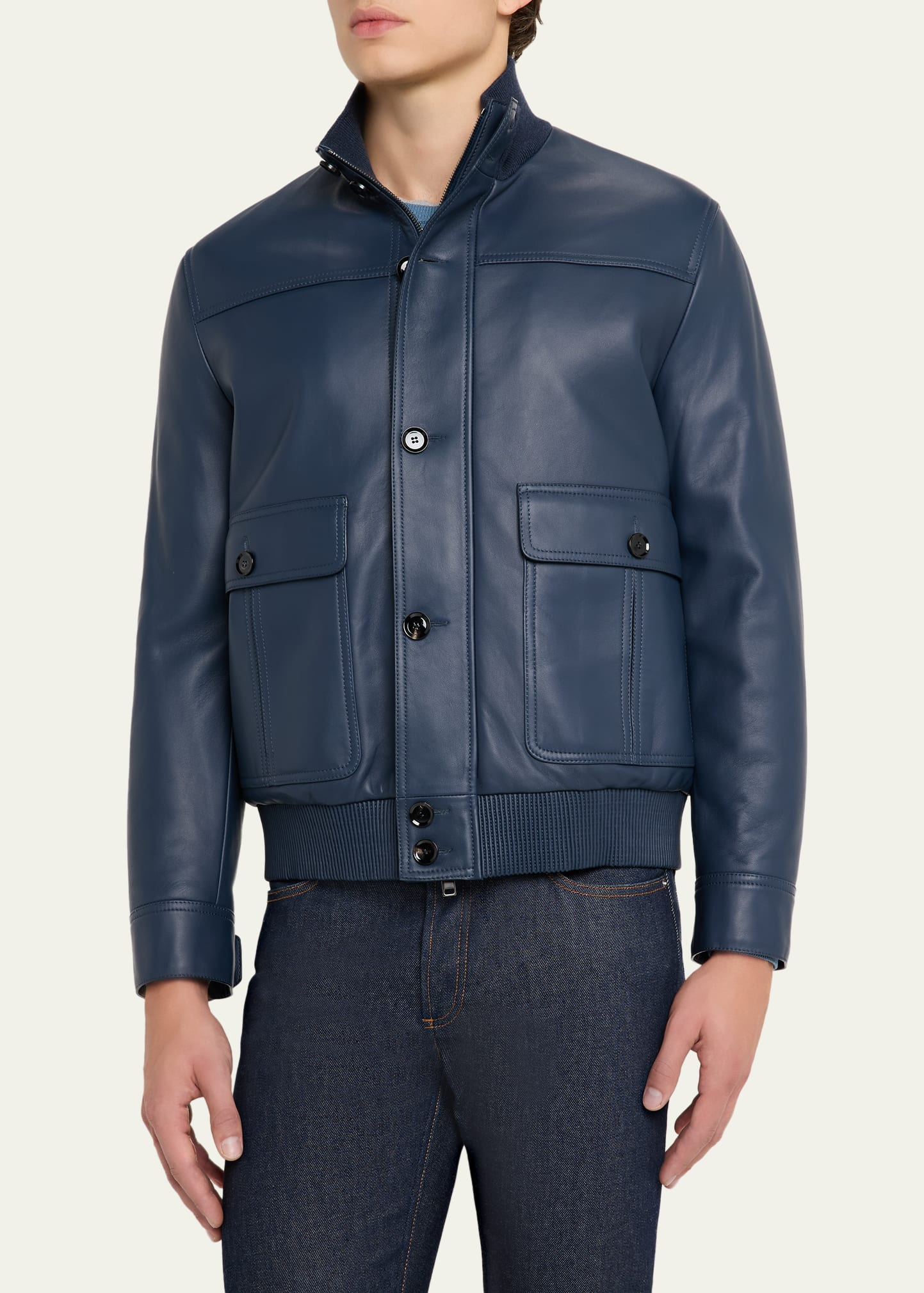 Men's Leather Button-Front Blouson - 4