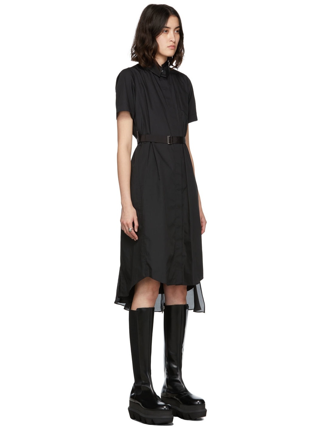 Black Cotton Poplin x Satin Dress - 2