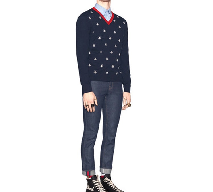 Gucci Bee Print V-Neck Sweater For Men Navy 431749-X1311-4696 - 3