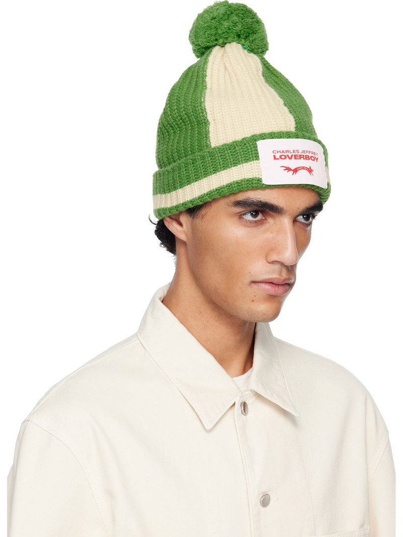 CHARLES JEFFREY LOVERBOY Green & Off-White Pompom Beanie outlook