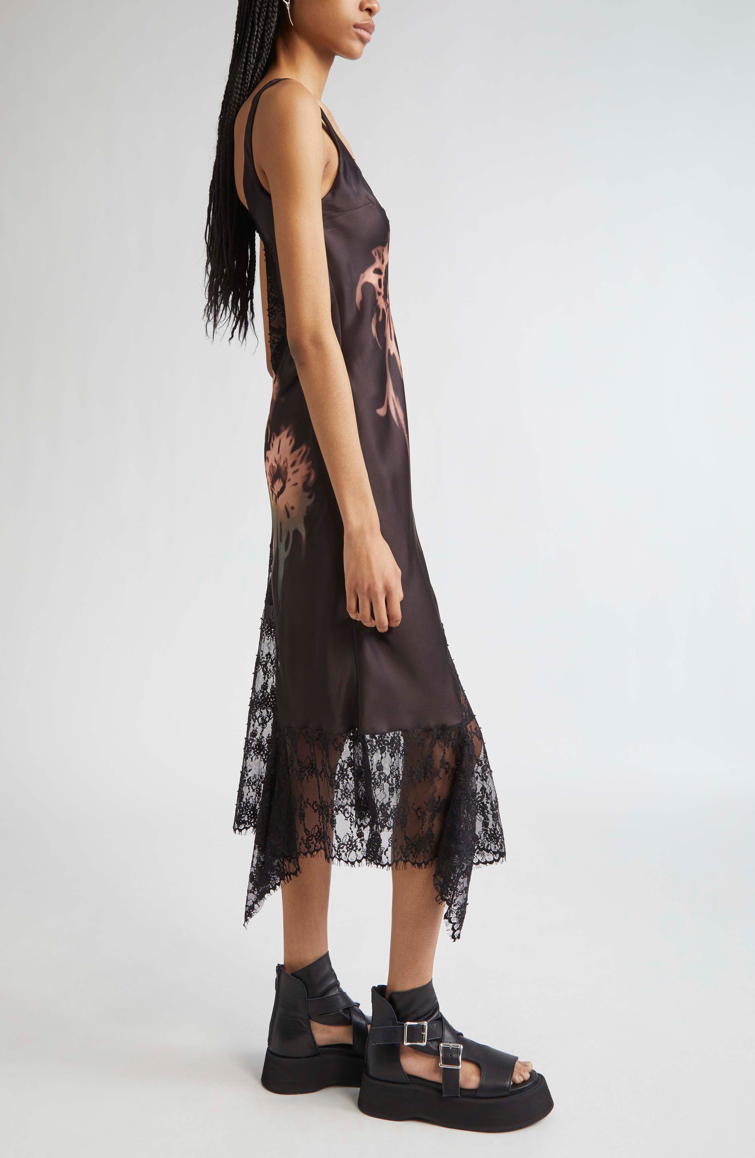 Collina Strada Stone Flower Drip Anemone Satin & Lace Tank Dress in Earth Faded Flower at Nordstrom - 3