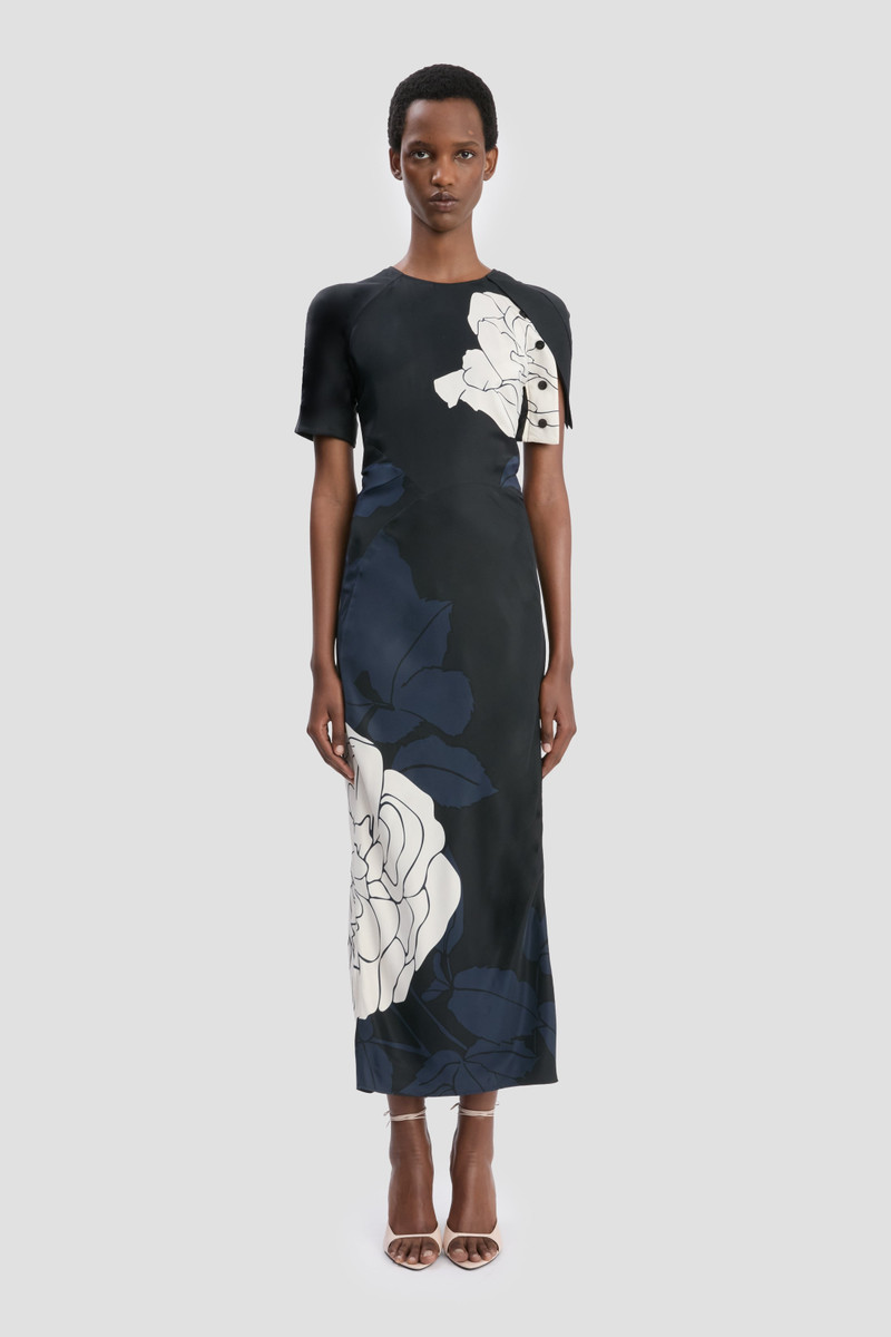 Victoria Beckham Split Hem Midi Dress In Dark Navy Floral Print outlook